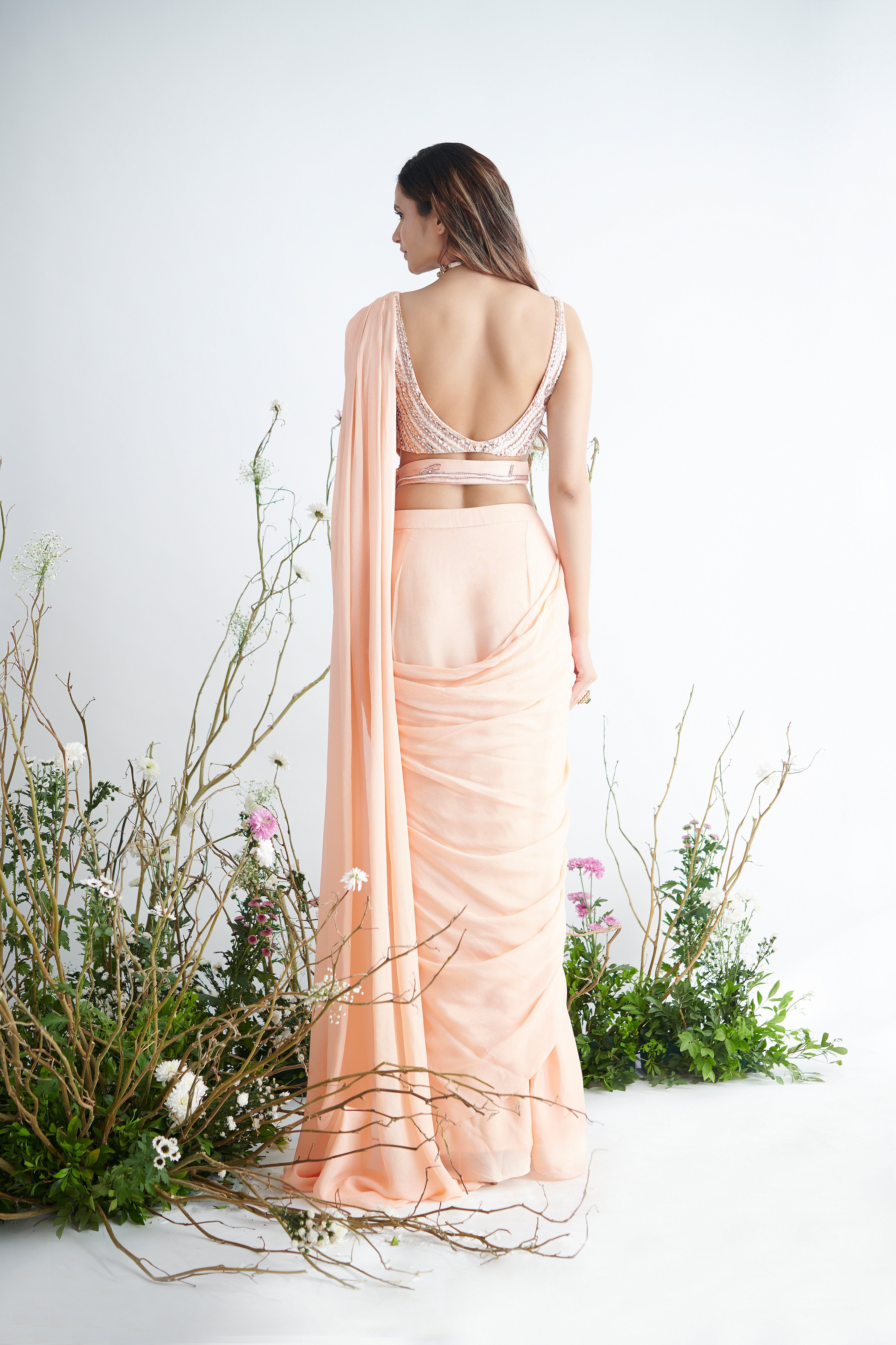 Pink Peacock Couture - Peach Hand Embroidered Pre-Draped Saree