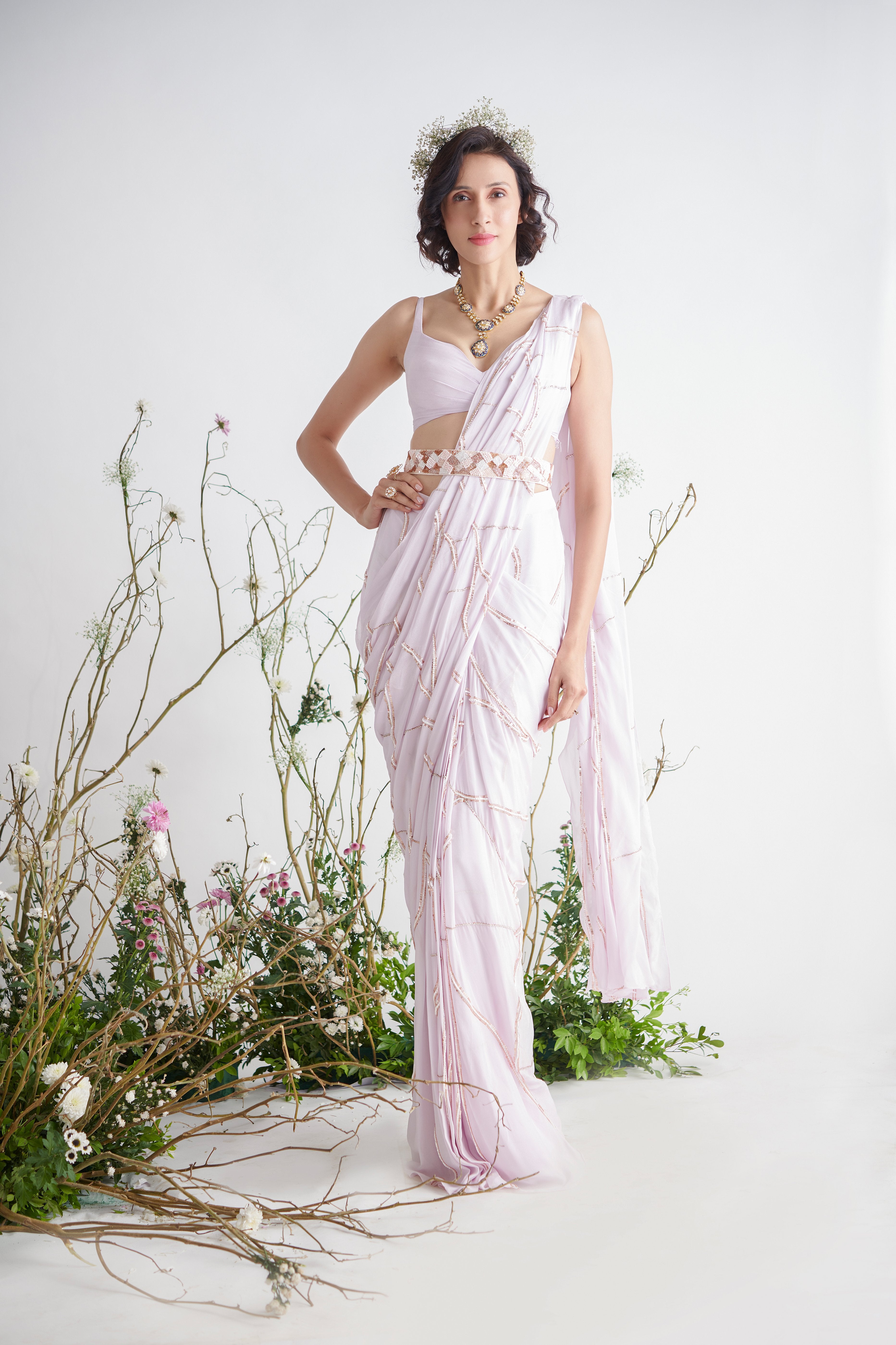 Pink Peacock Couture - Lilac Hand Embroidered Pre-Draped Saree