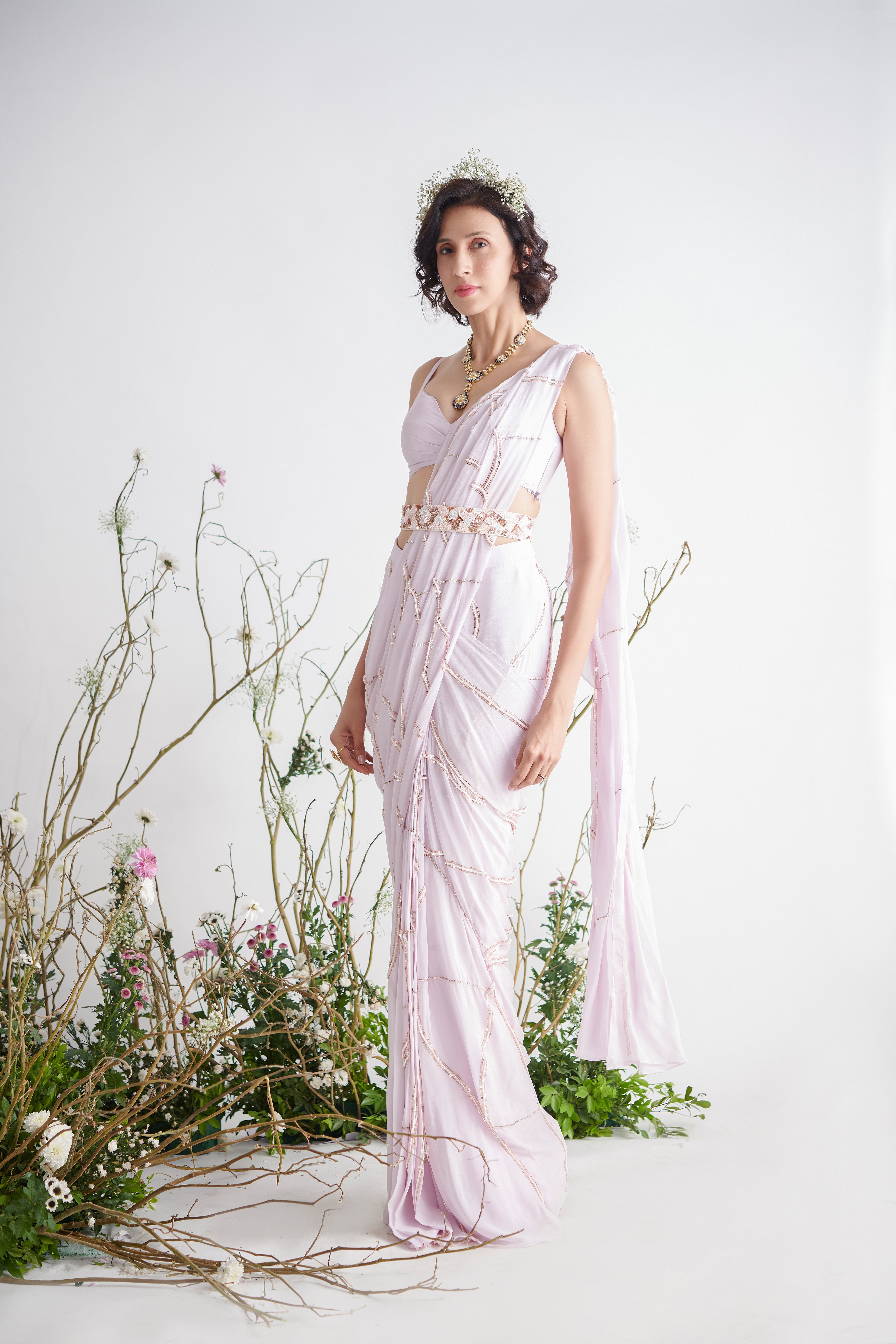 Pink Peacock Couture - Lilac Hand Embroidered Pre-Draped Saree