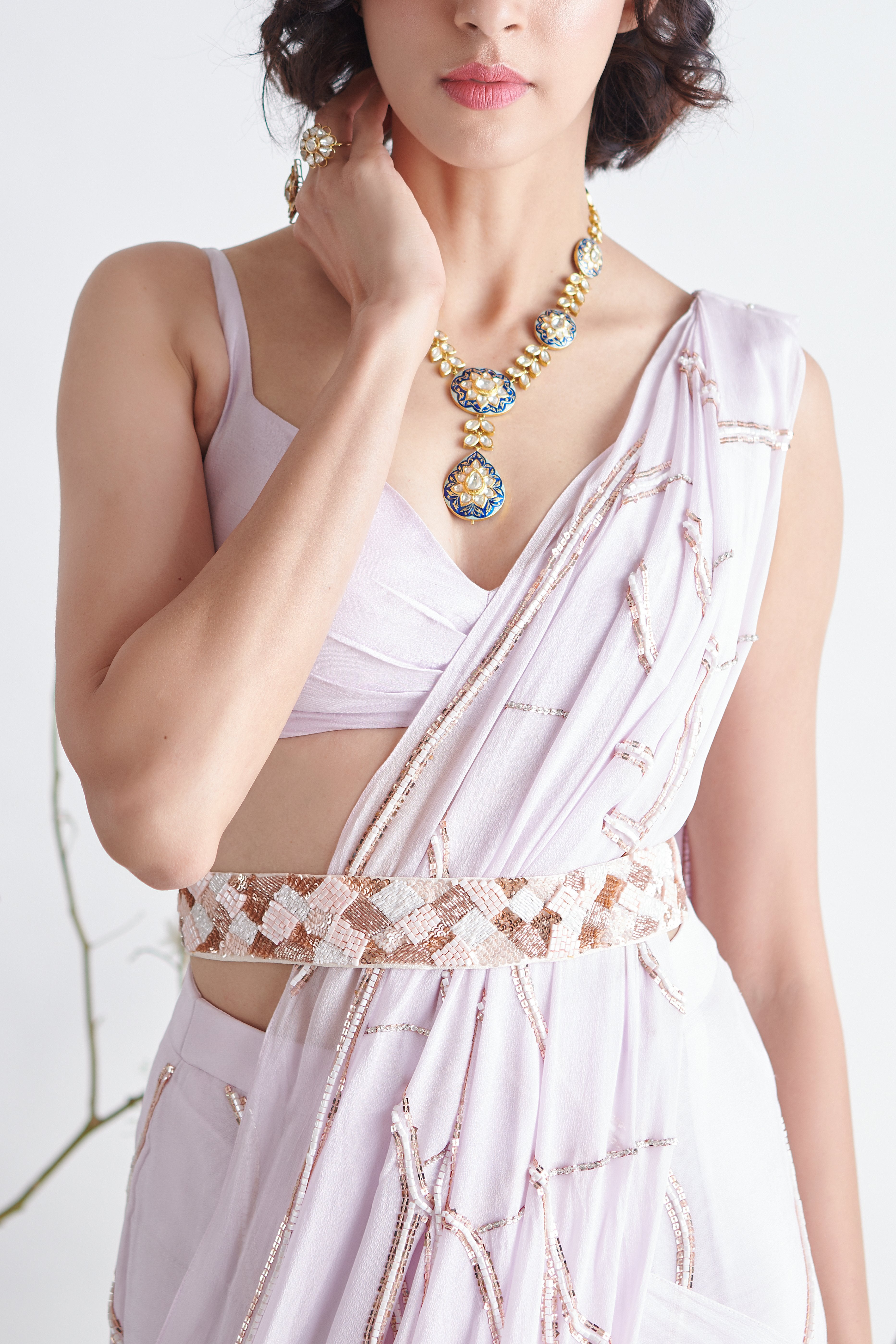 Pink Peacock Couture - Lilac Hand Embroidered Pre-Draped Saree