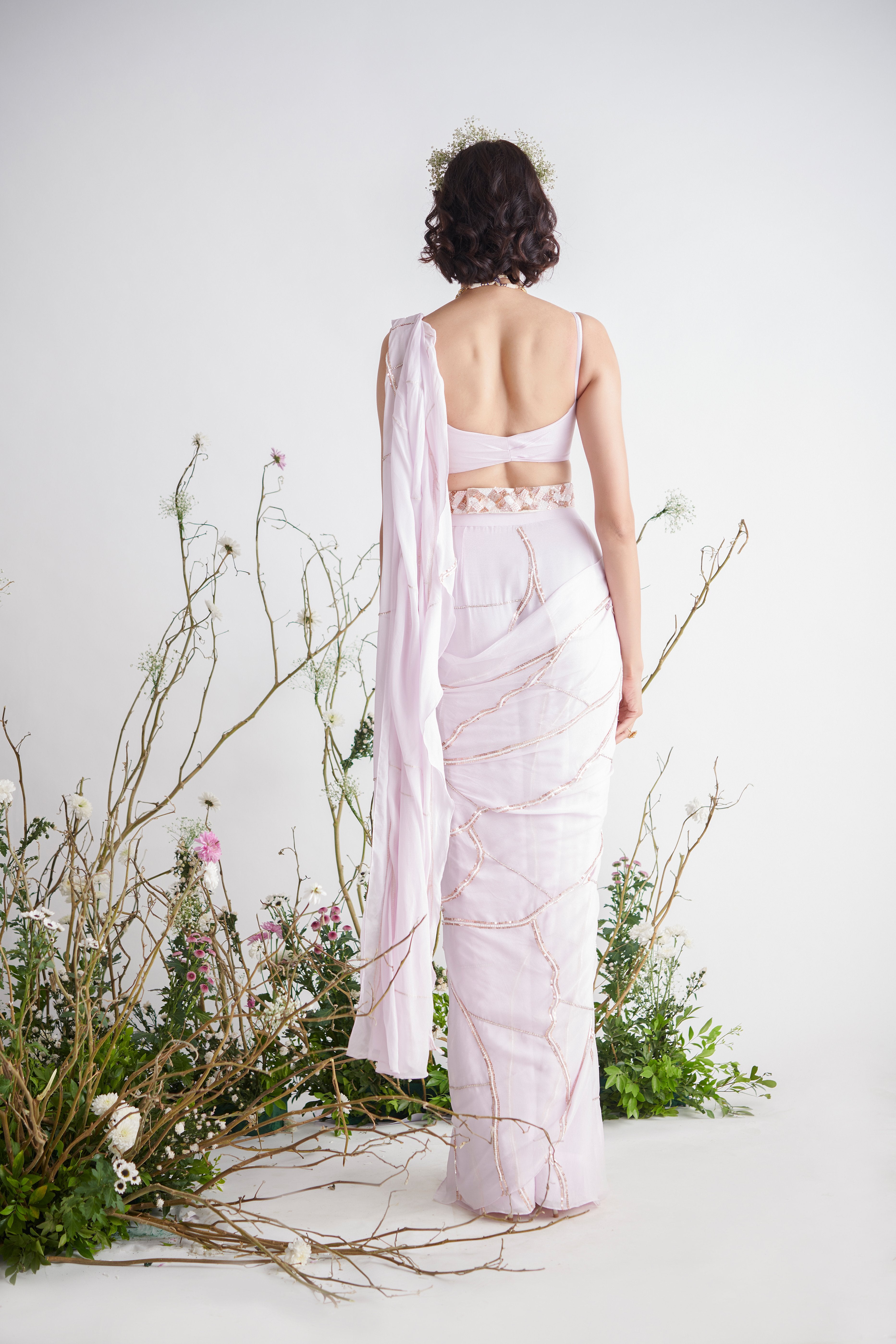 Pink Peacock Couture - Lilac Hand Embroidered Pre-Draped Saree