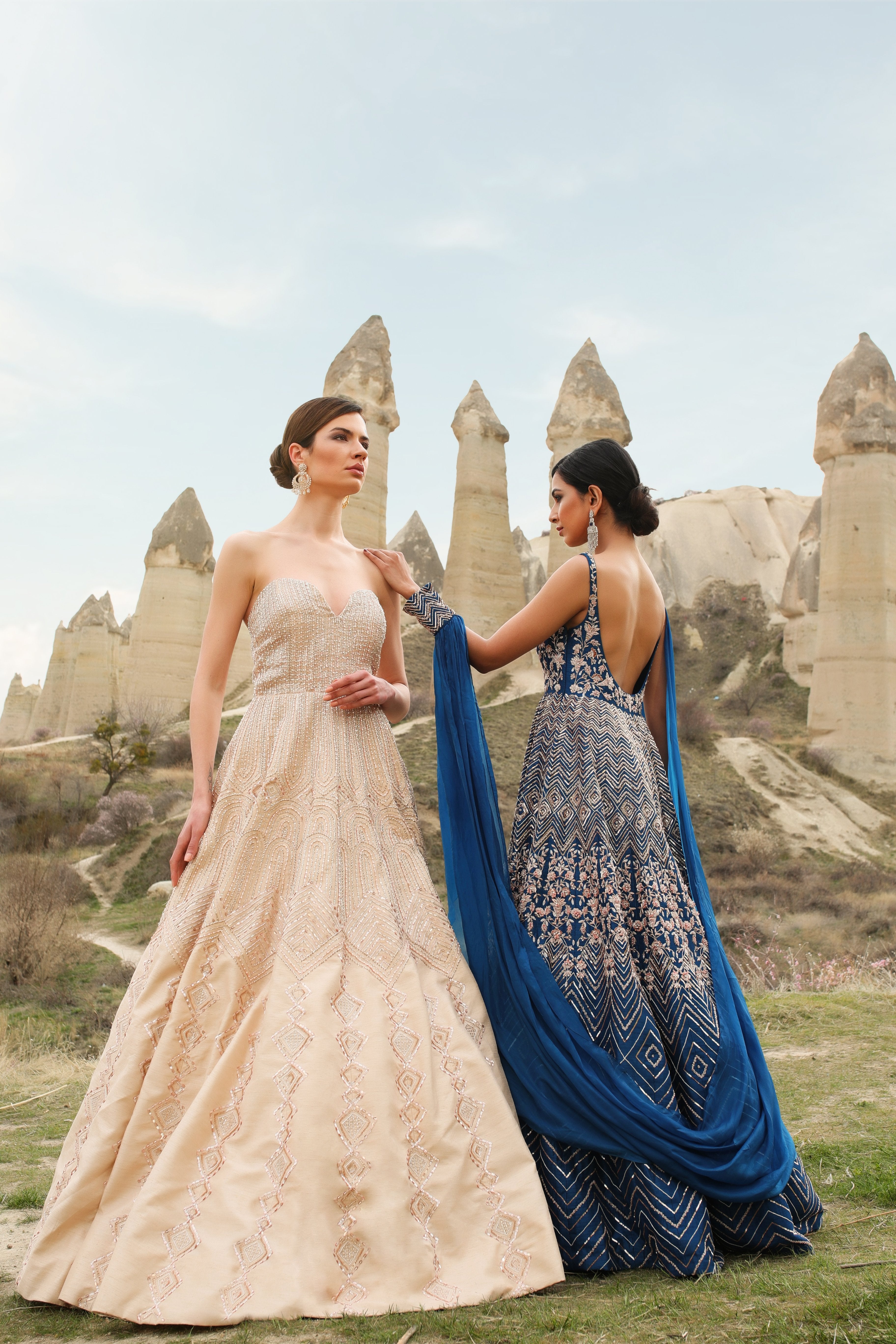 Pink Peacock Couture - Blue Hand Embroidered Gown With Drape