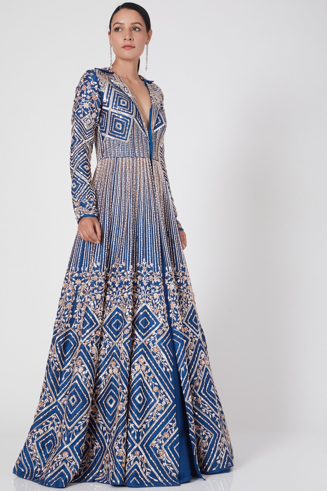 Pink Peacock Couture - Blue Hand Embroidered Jacket With Skirt