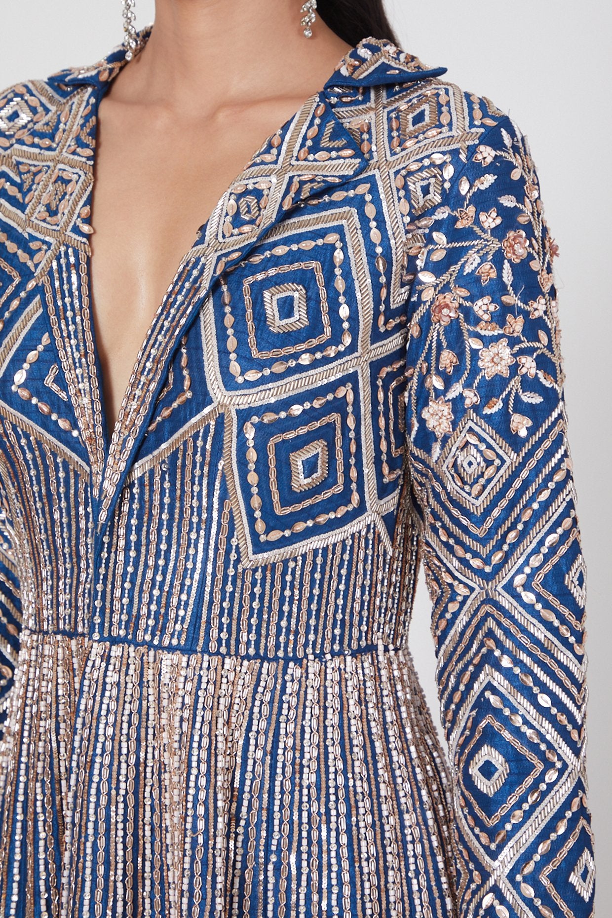 Pink Peacock Couture - Blue Hand Embroidered Jacket With Skirt