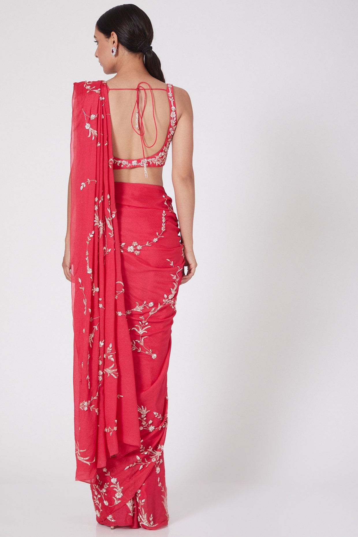 Pink Peacock Couture - Hot Pink Hand Embroidered Saree Set