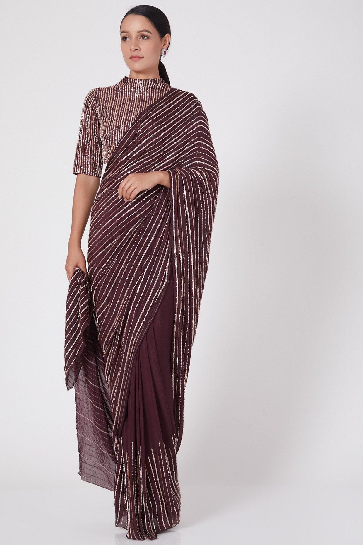 Pink Peacock Couture - Wine Hand Embroidered Saree Set