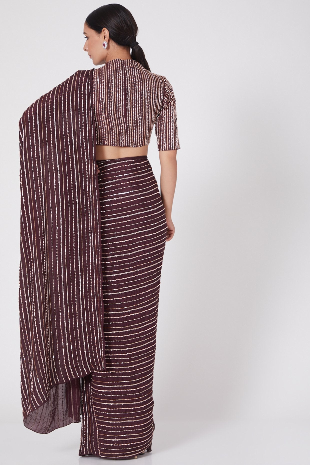 Pink Peacock Couture - Wine Hand Embroidered Saree Set