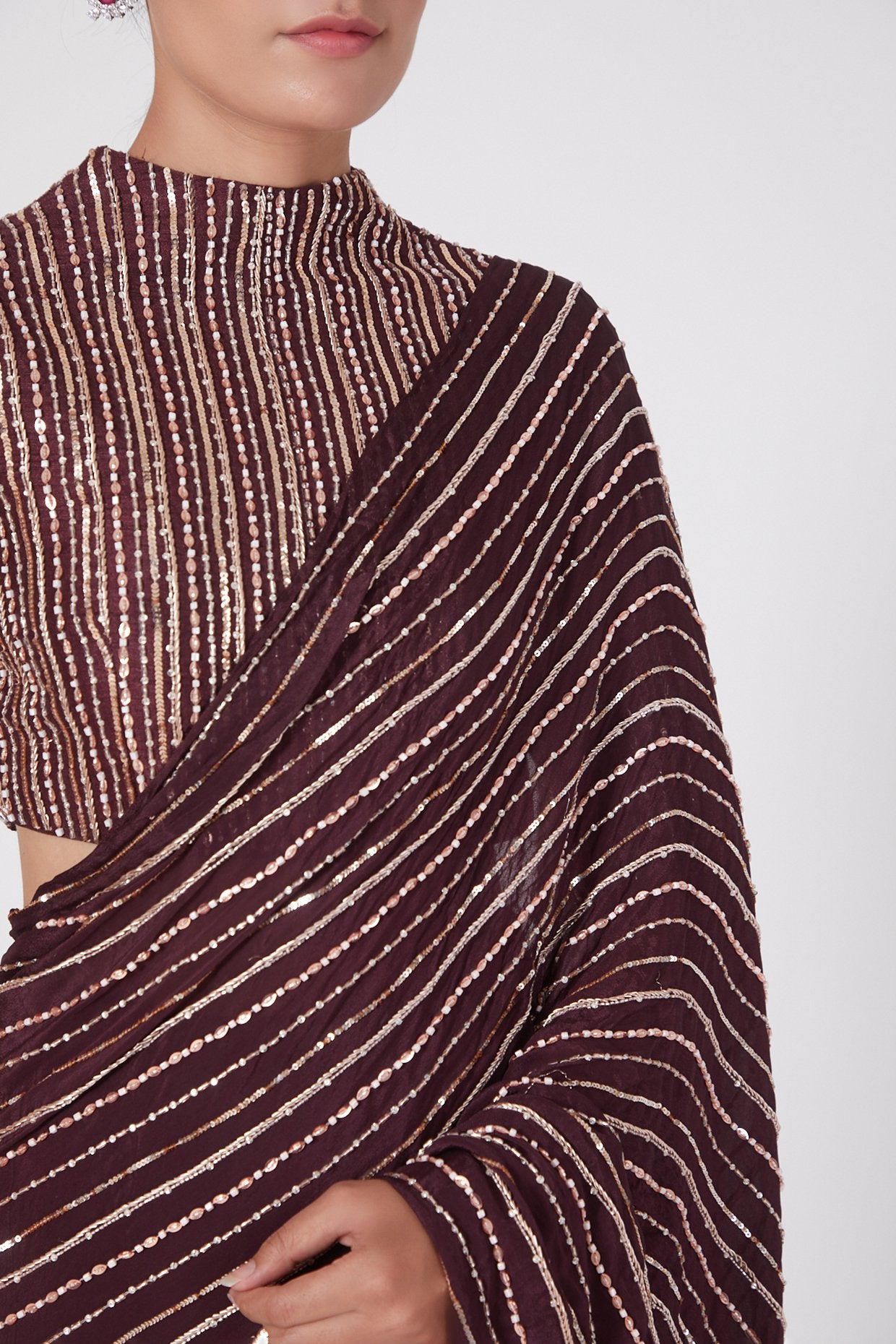 Pink Peacock Couture - Wine Hand Embroidered Saree Set