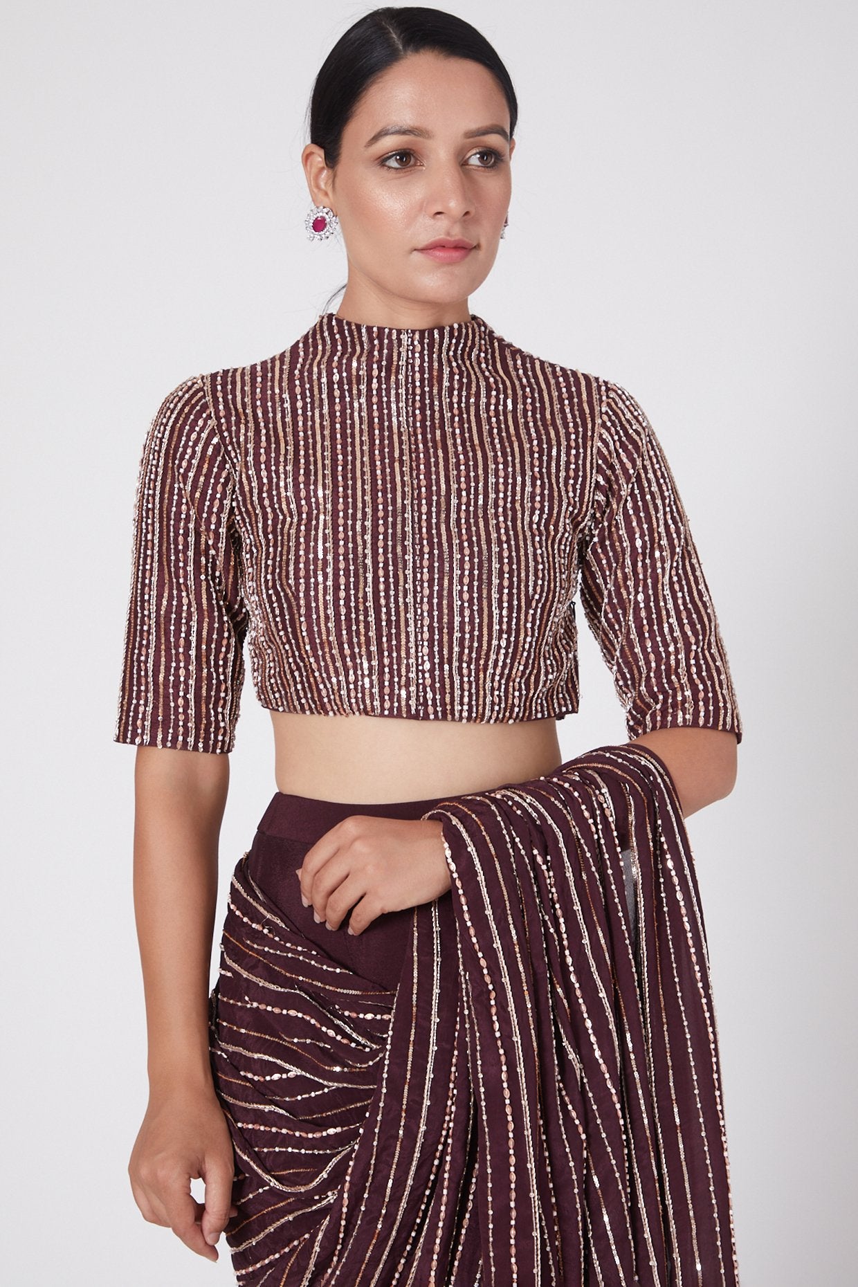 Pink Peacock Couture - Wine Hand Embroidered Saree Set