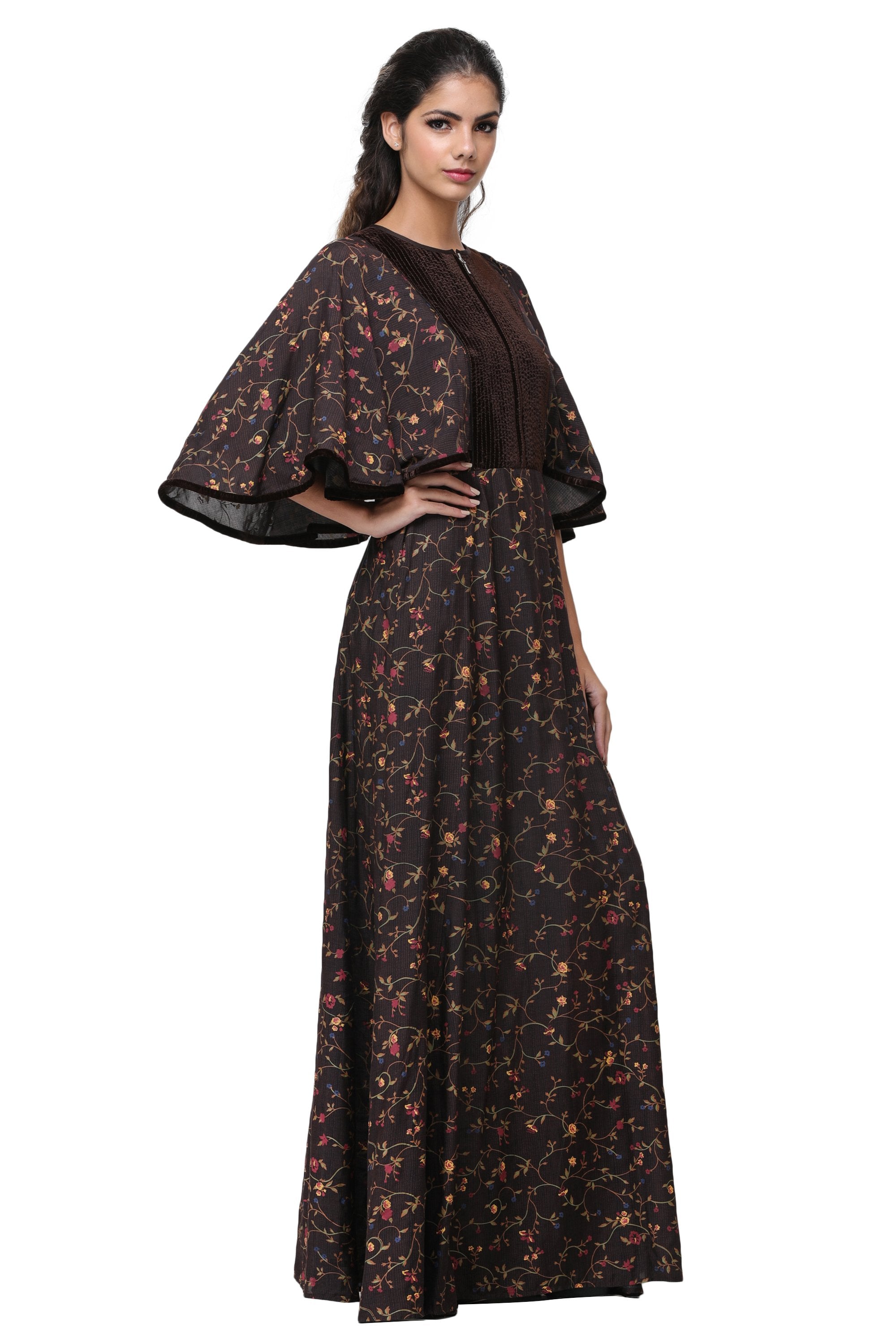 Pinnacle By Shruti Sancheti - Brown Printed Cape Maxi