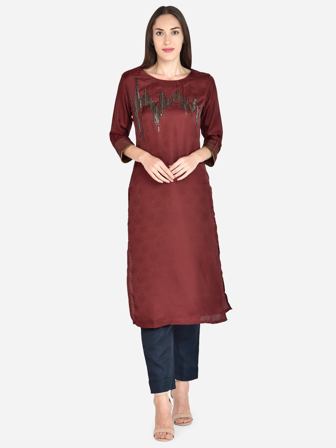 It Way Of Life - Maroon Jacquard Woven Kurti