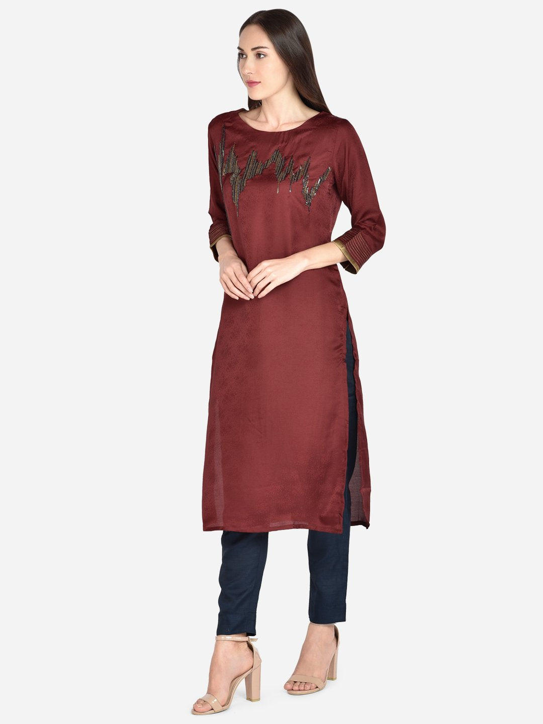 It Way Of Life - Maroon Jacquard Woven Kurti