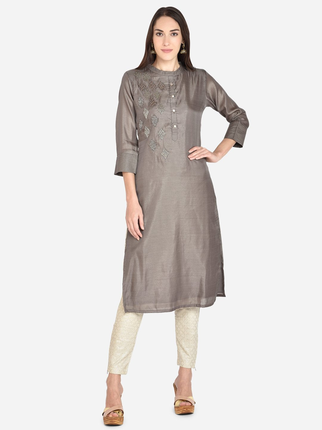 It Way Of Life - Grey Solid Woven Kurti