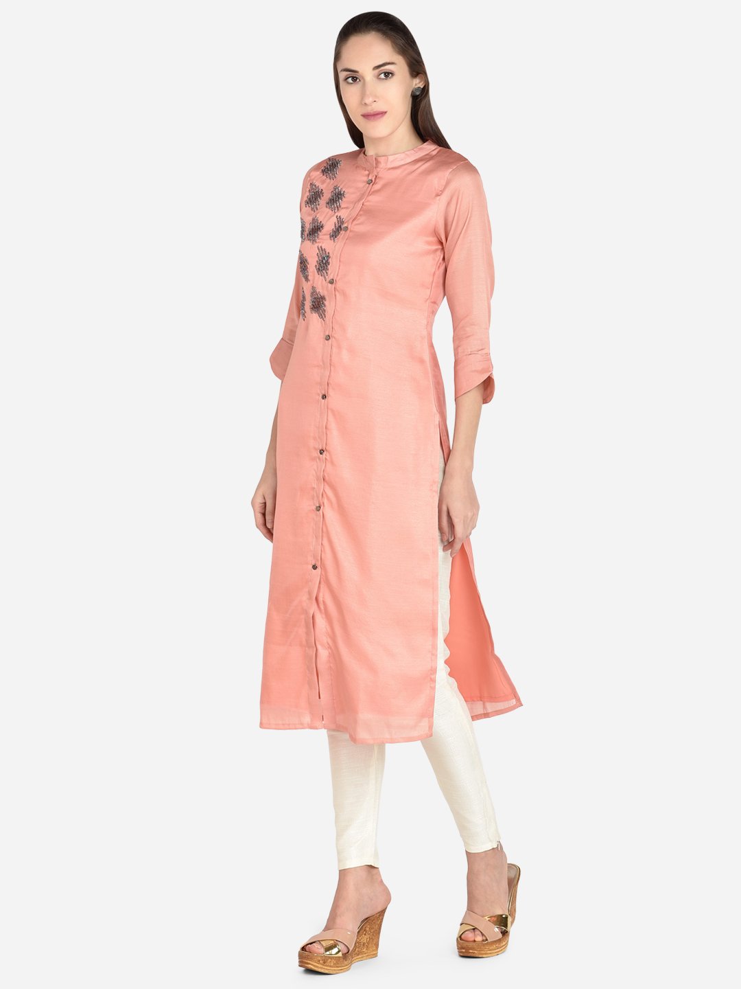 It Way Of Life - Peach Solid Woven Kurti