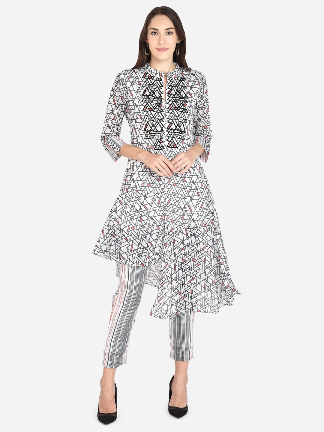 It Way Of Life - White & Black Printed Silky Georgette Woven Kurta