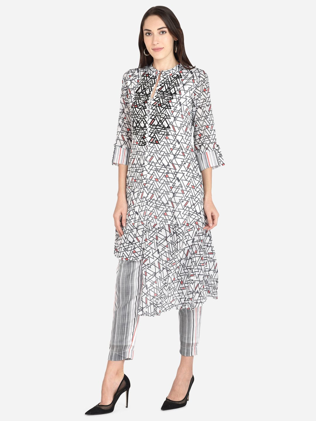 It Way Of Life - White & Black Printed Silky Georgette Woven Kurta