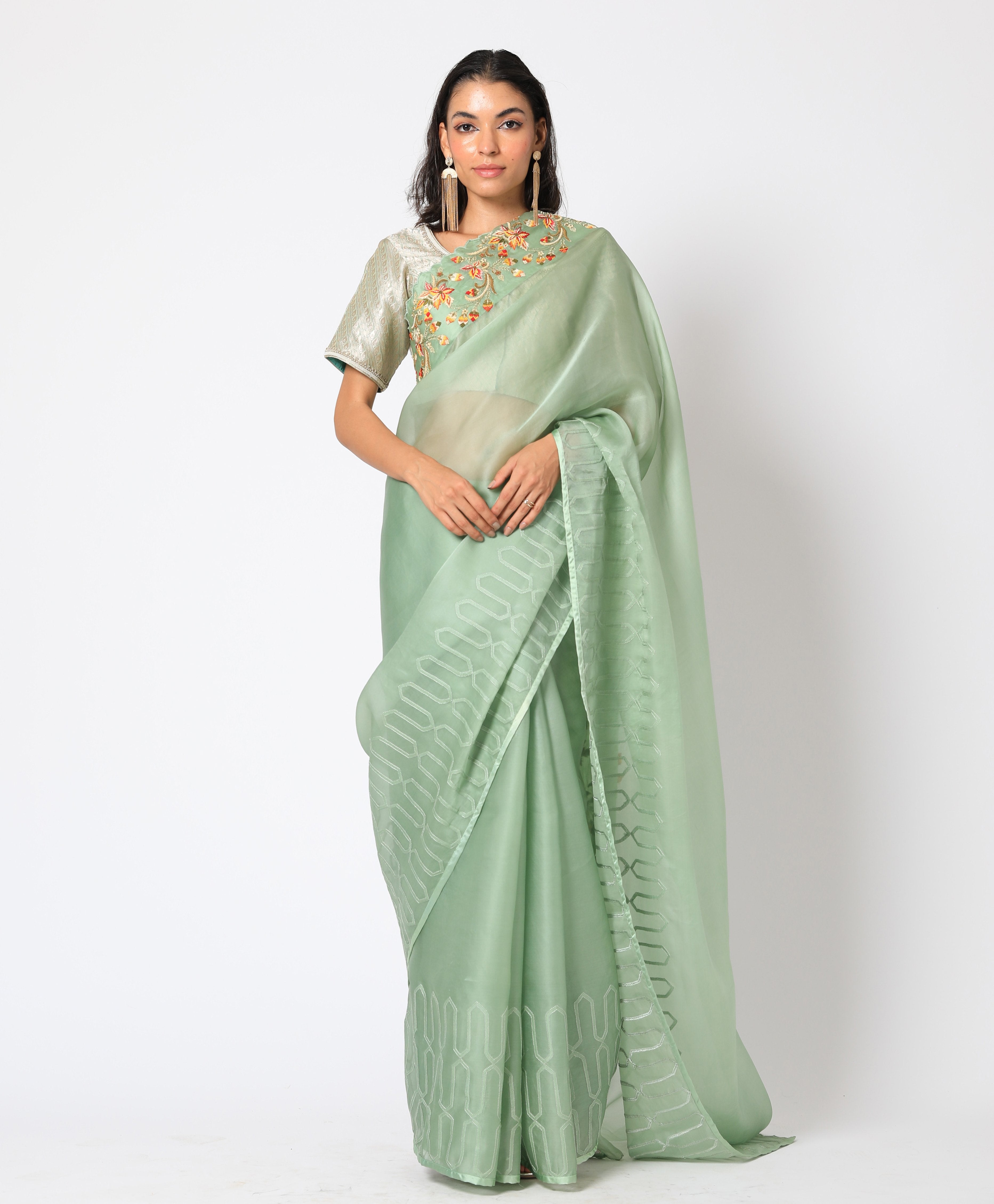 Romaa - Mint Green Embroidered Saree Set