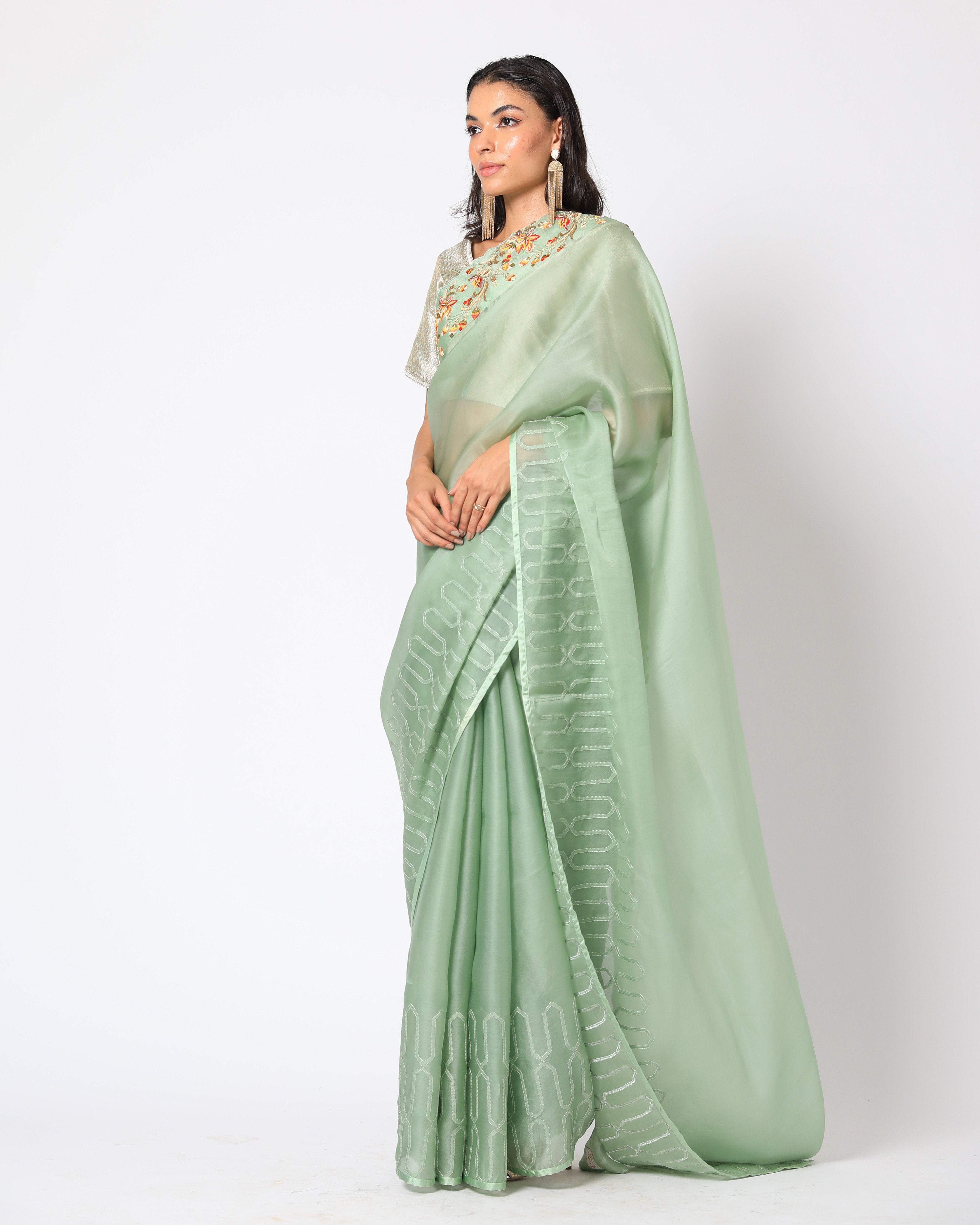Romaa - Mint Green Embroidered Saree Set