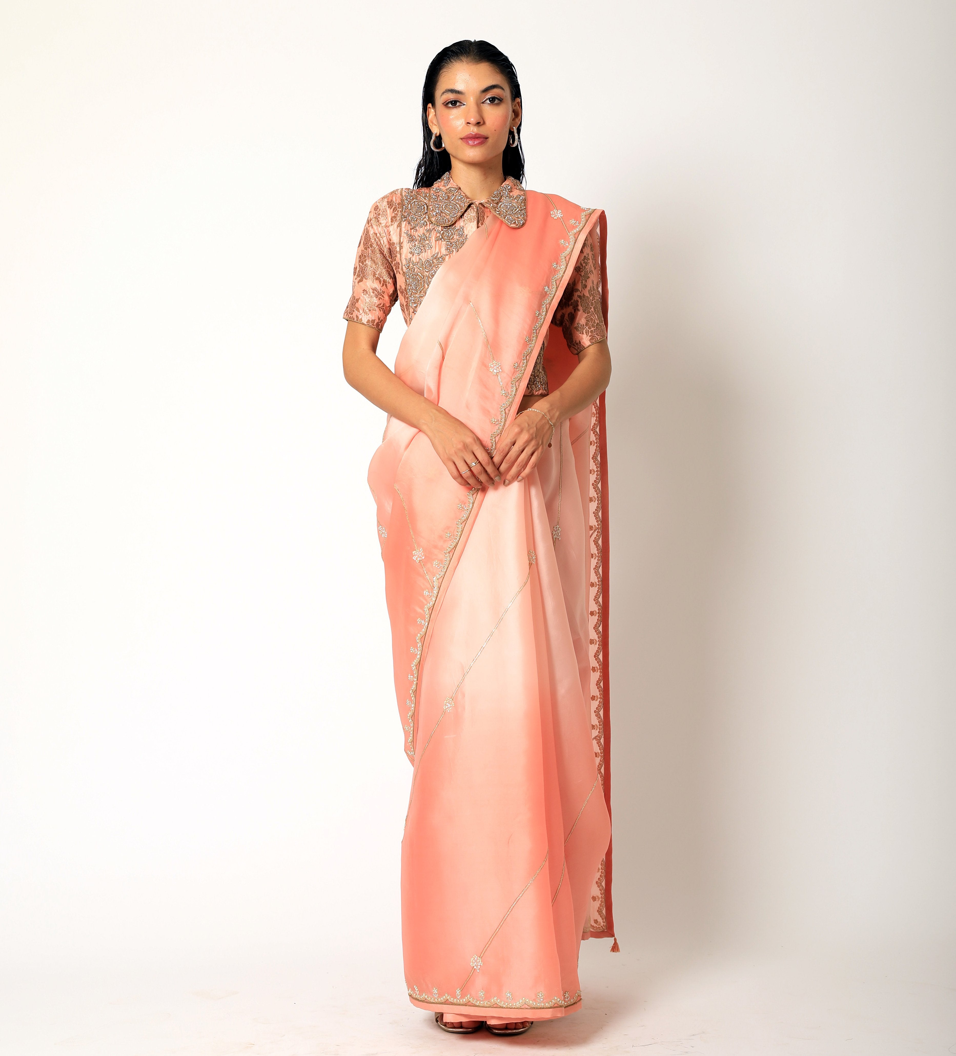 Romaa - Coral Embroidered Saree Set