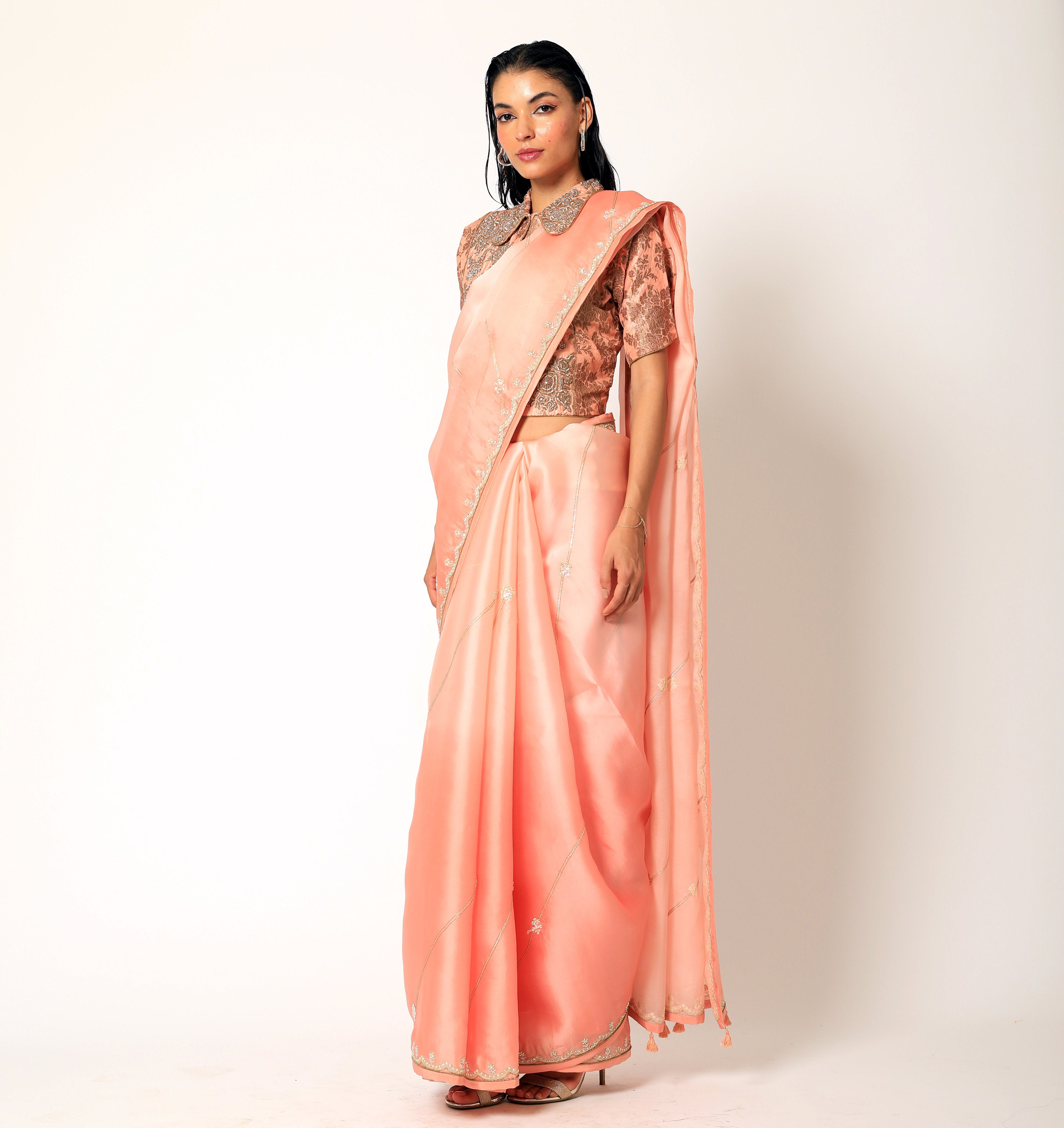Romaa - Coral Embroidered Saree Set