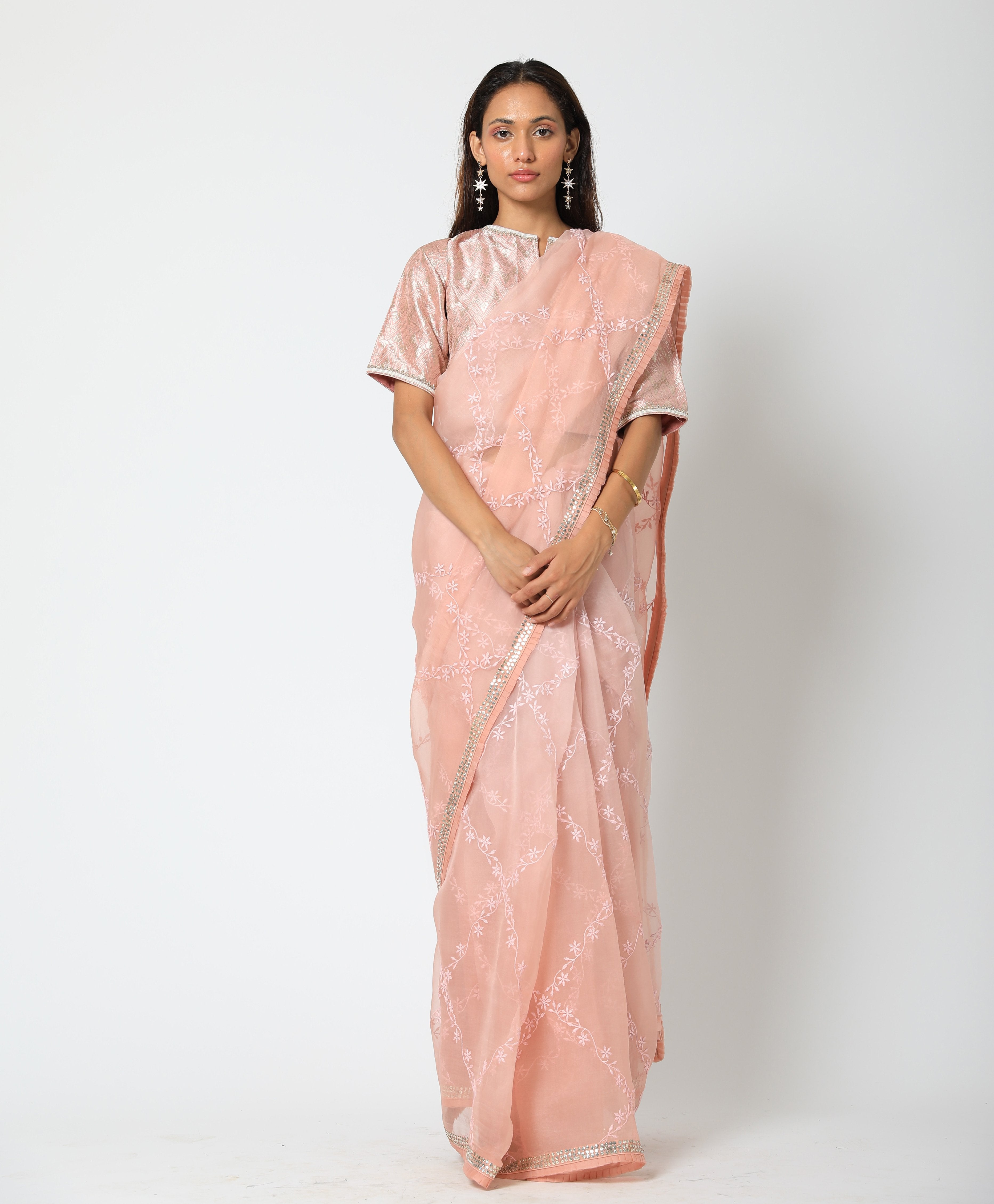 Romaa - Blush Pink Embroidered Saree Set