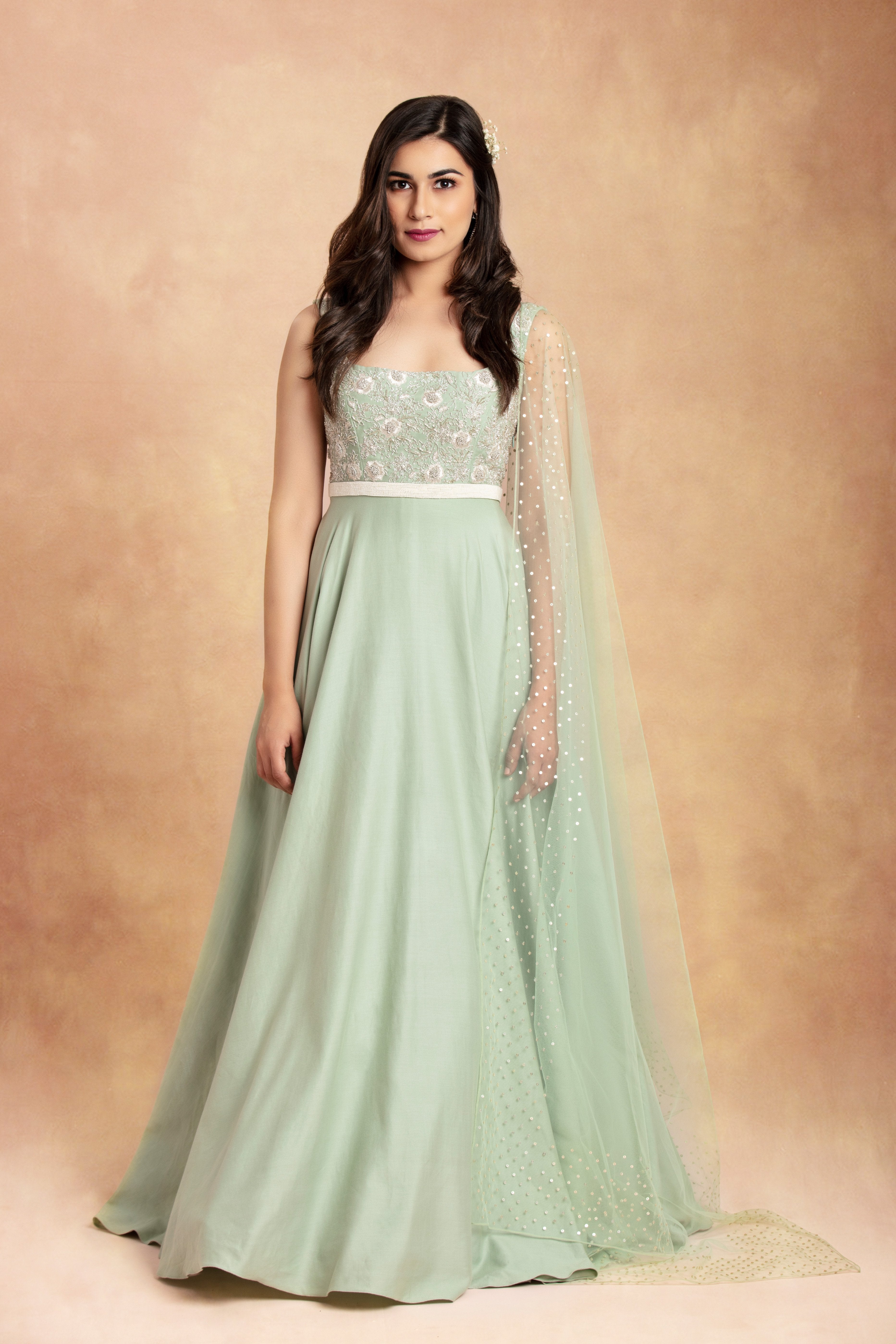 Sanjhana Reddy - Sage Green Zardozi Embroidered Anarkali