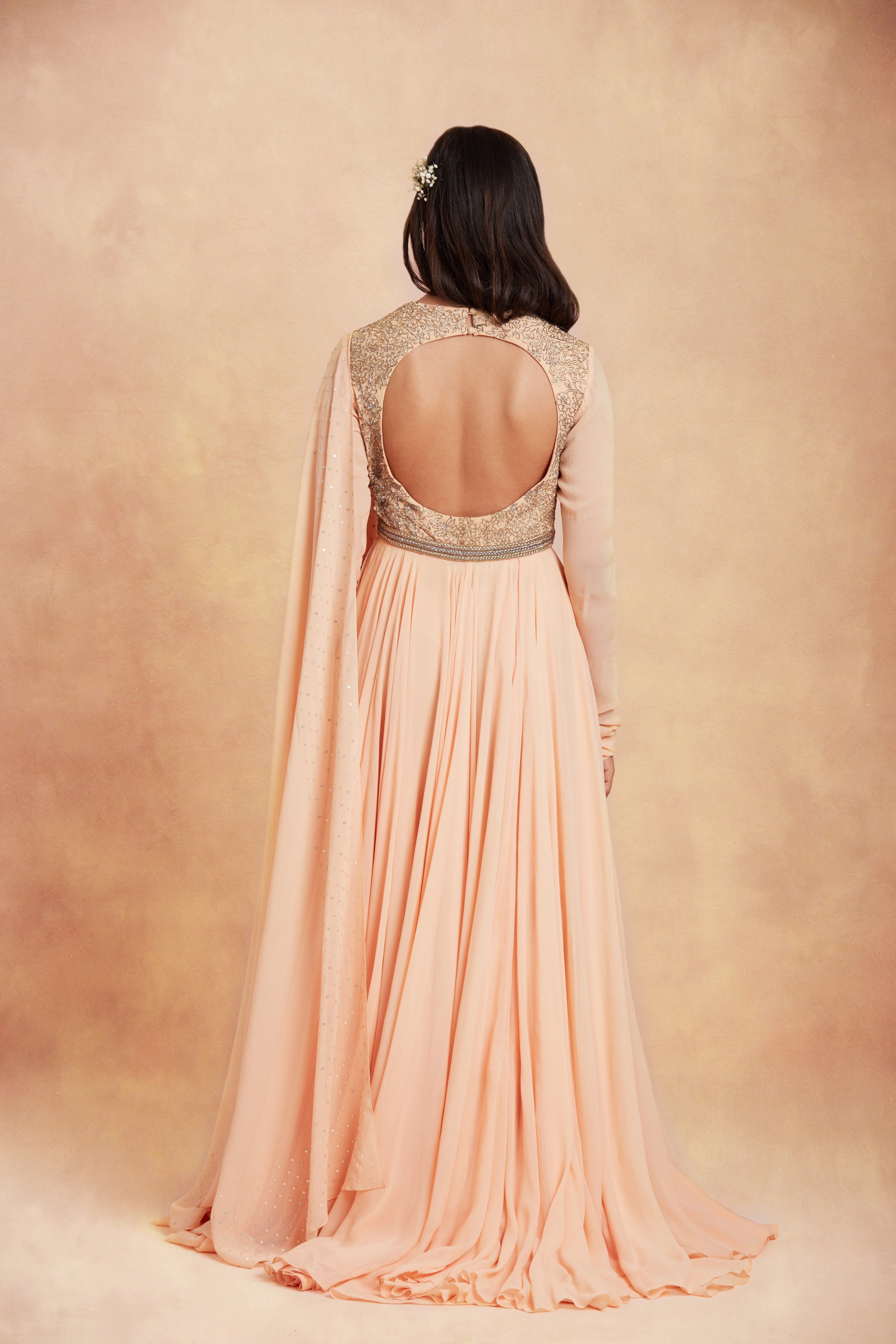 Sanjhana Reddy - Pale orange zardozi embroidered anarkali