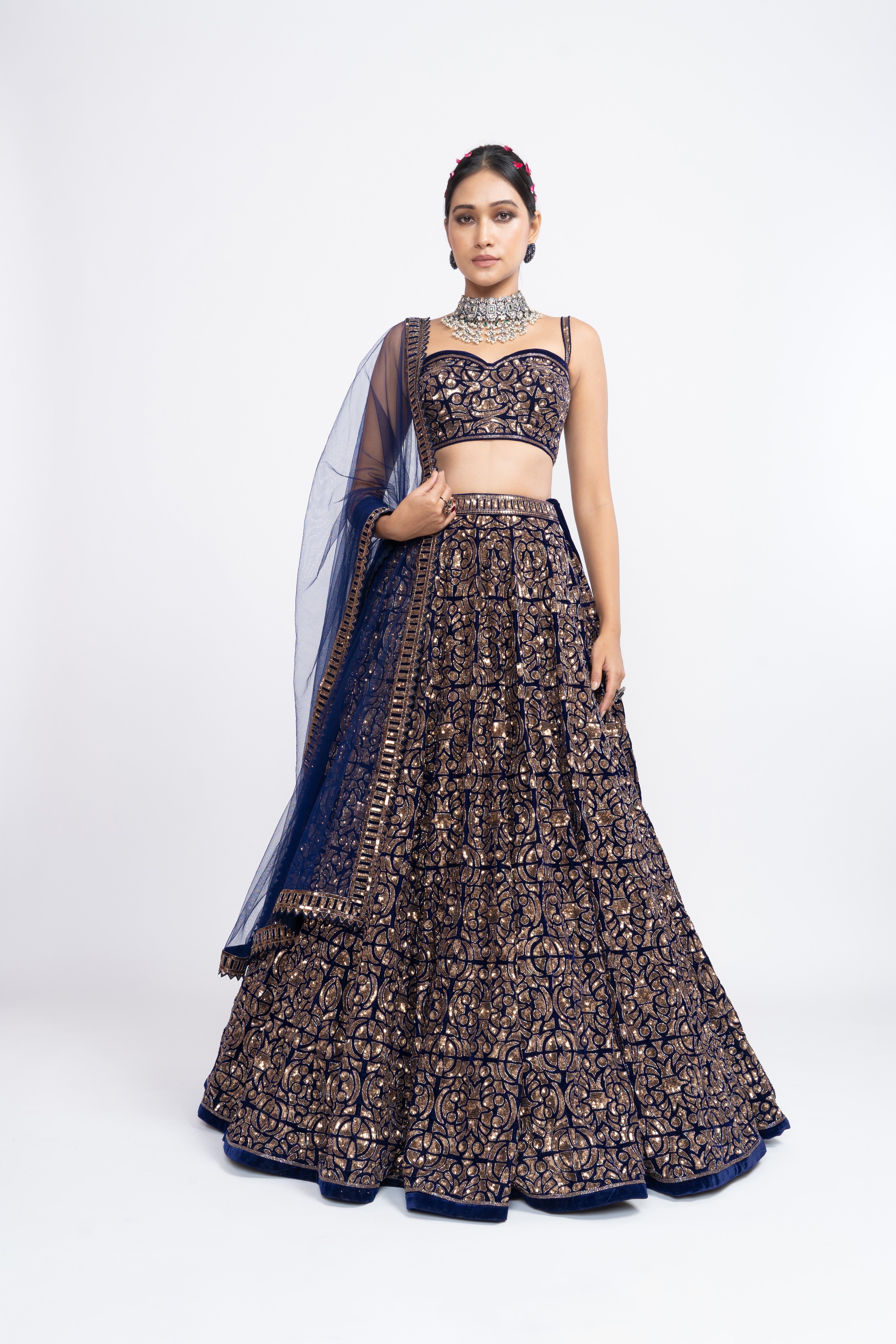 Vvani Vats - Navy Blue Fully Embroidered Corset Lehenga Set