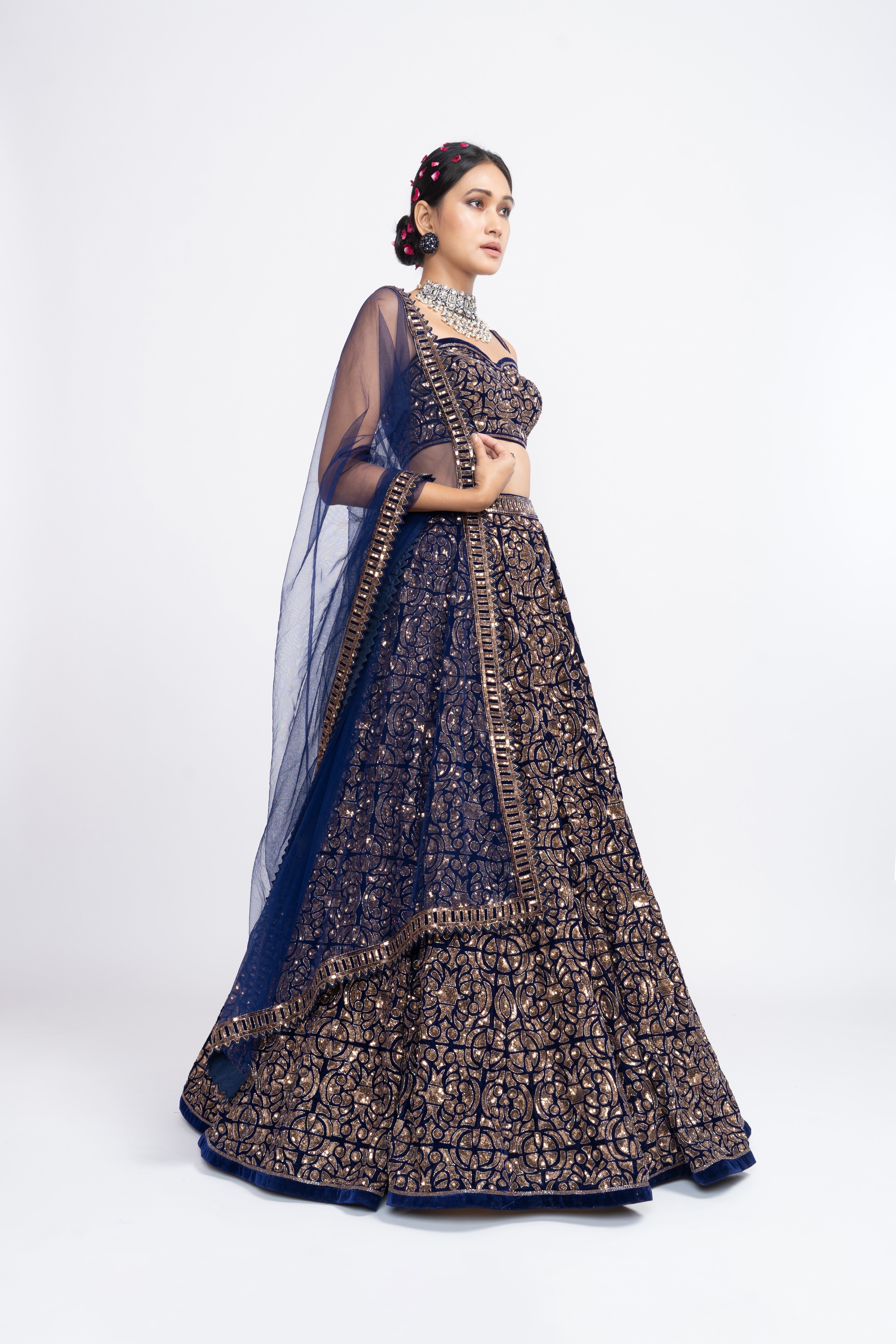 Vvani Vats - Navy Blue Fully Embroidered Corset Lehenga Set