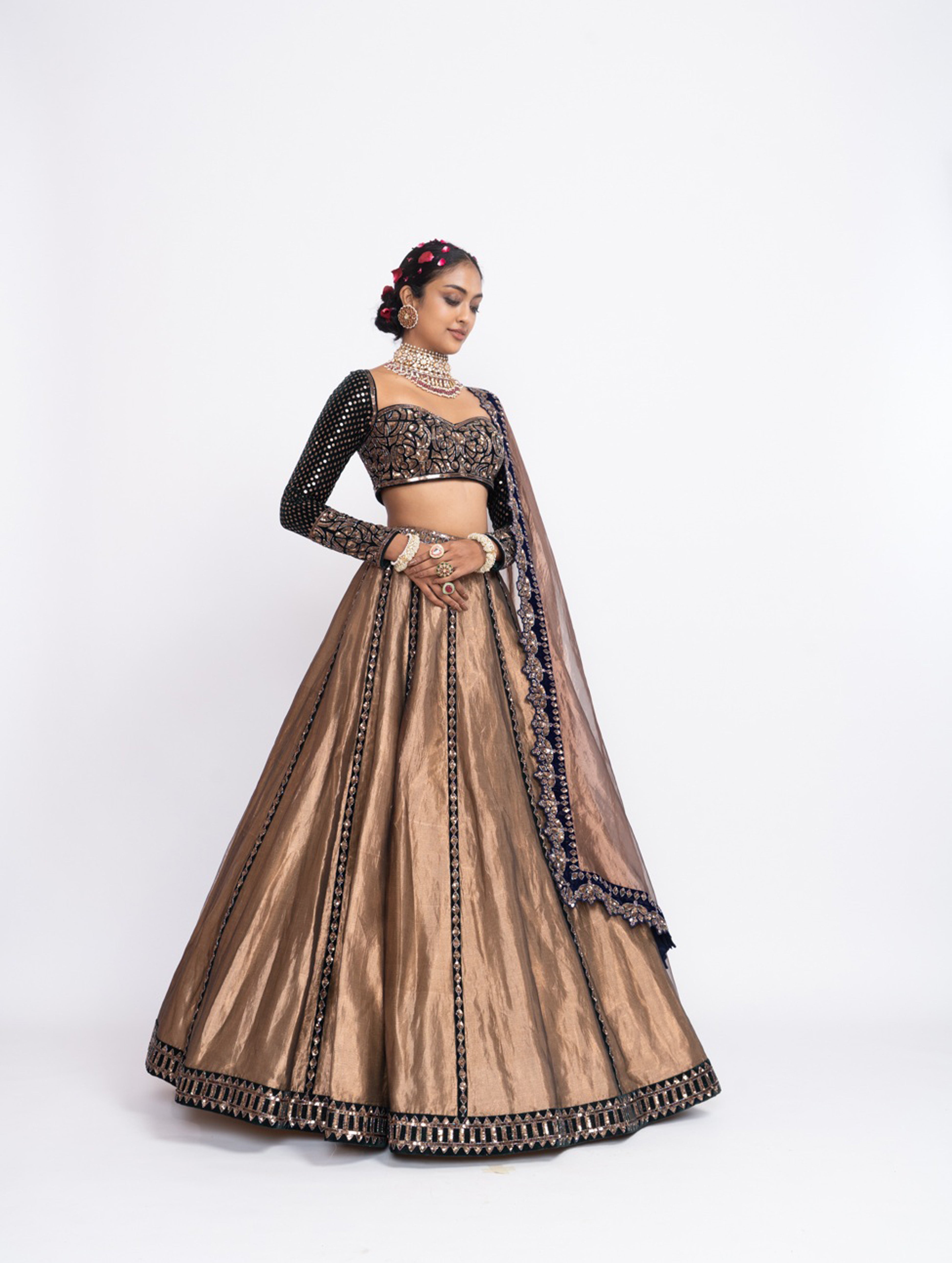 Vvani Vats - Deep Green Copper Tissue Lehenga Set