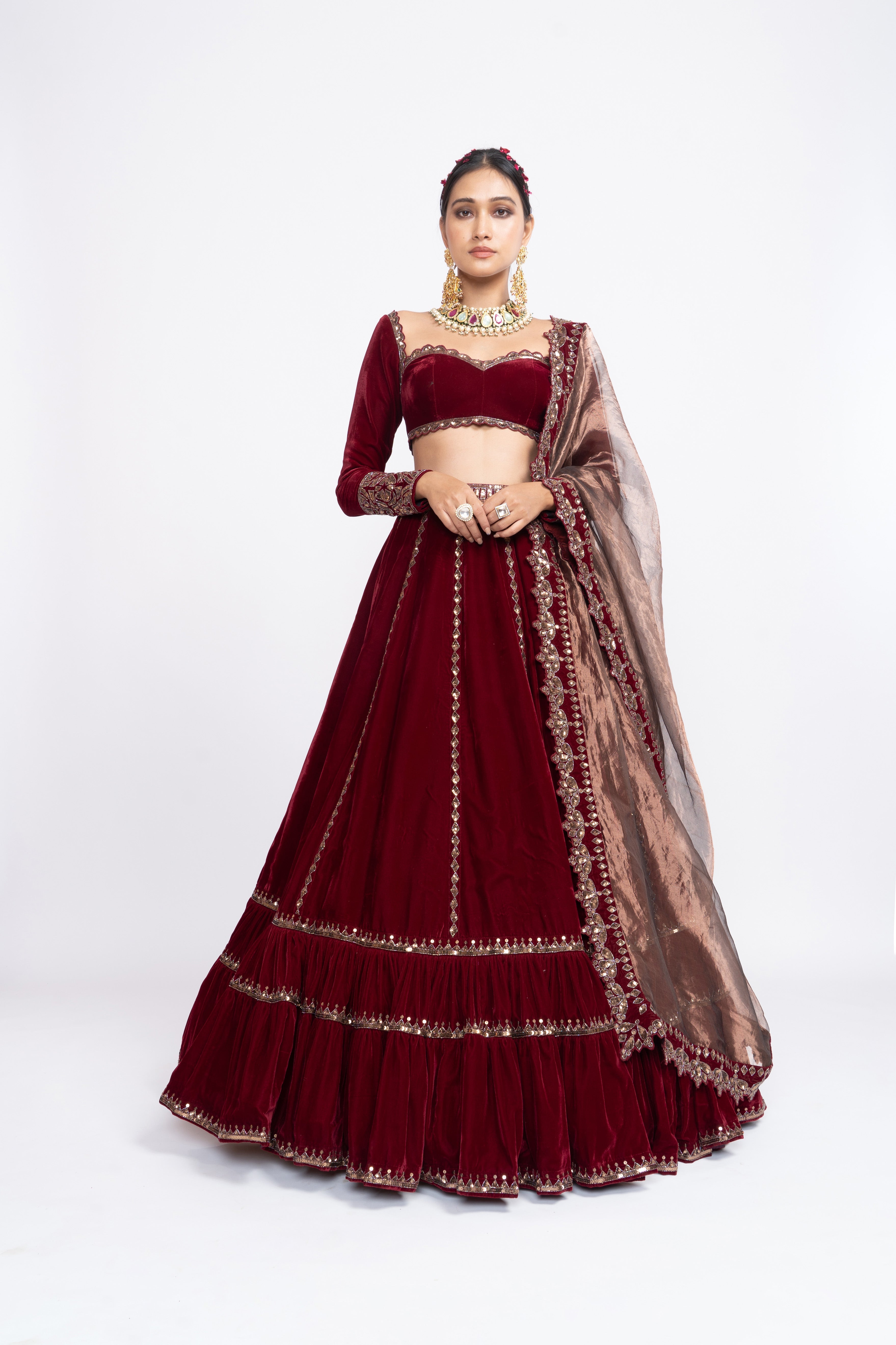 Vvani Vats - Maroon Double Tier Lehenga Set
