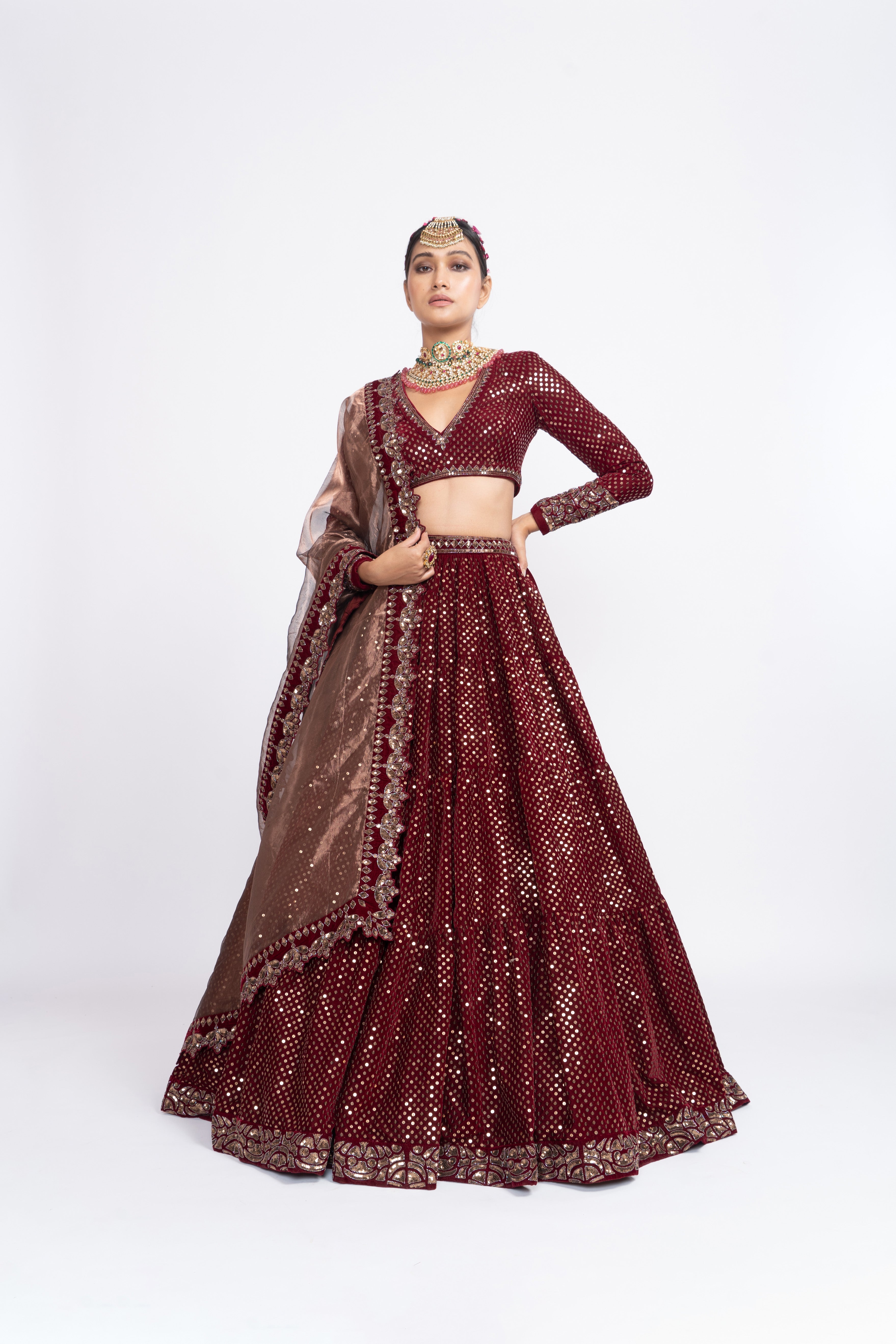 Vvani Vats - Maroon Dense Dot Lehenga Set