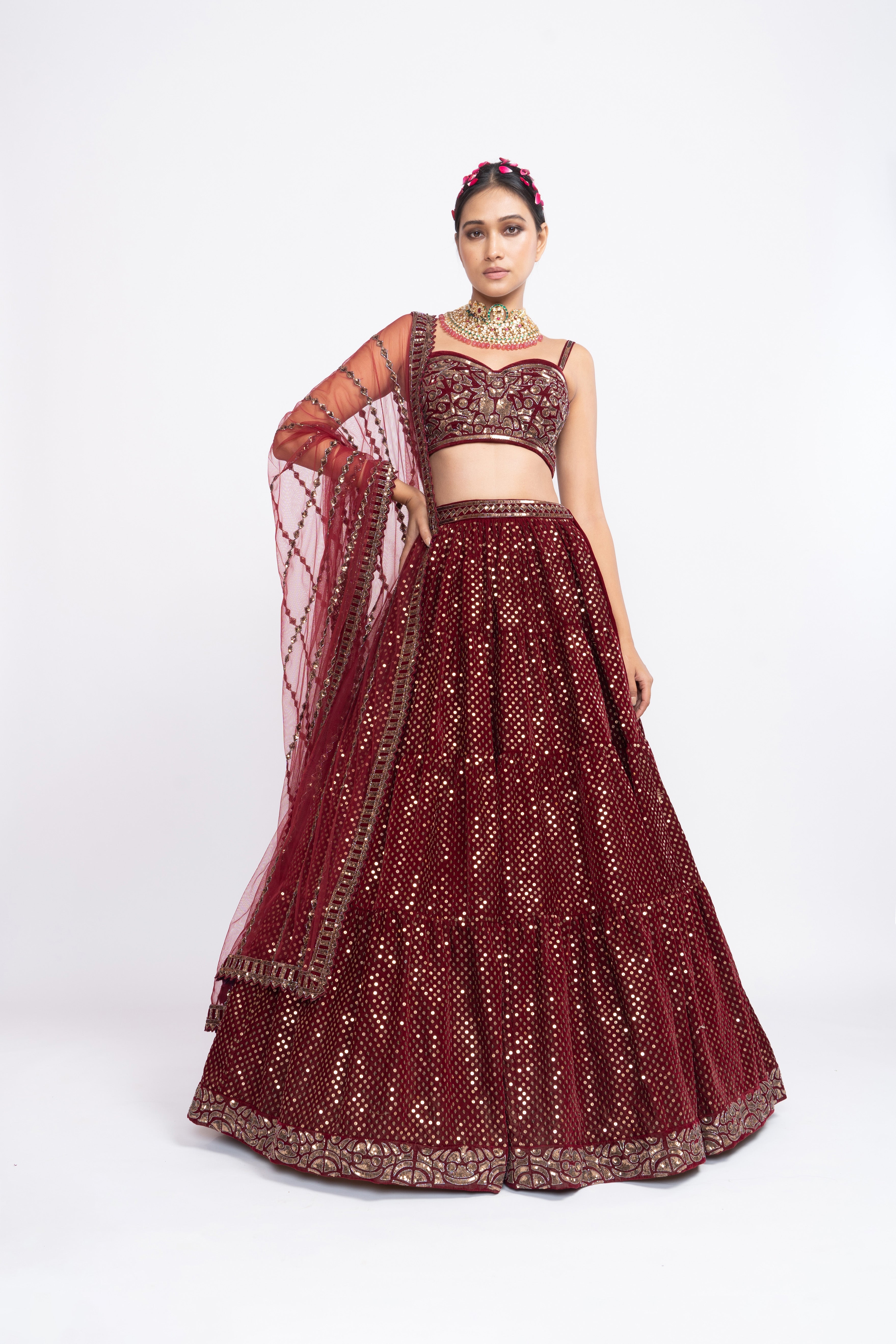 Vvani Vats - Maroon Dense Dot Corset Lehenga Set