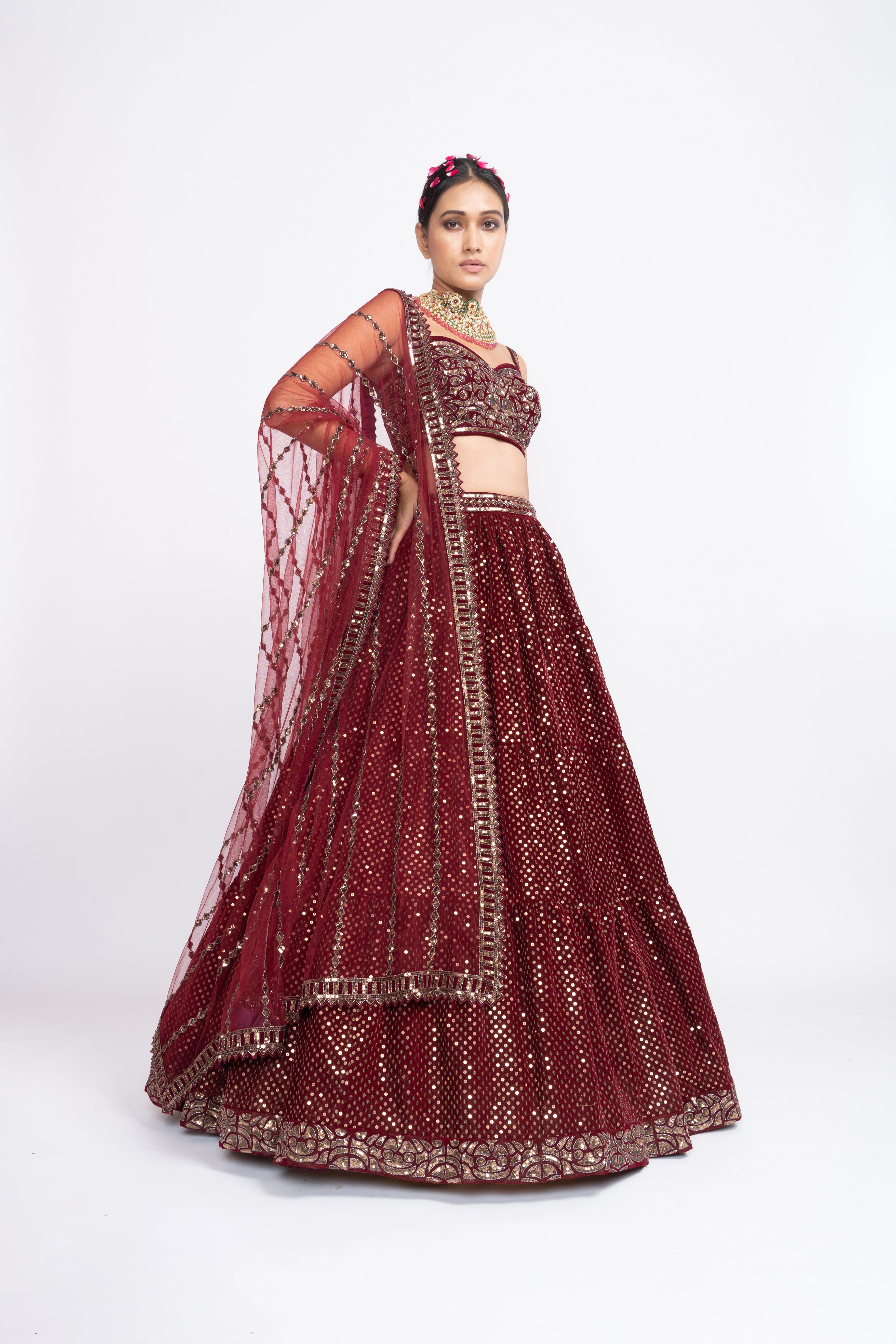 Vvani Vats - Maroon Dense Dot Corset Lehenga Set