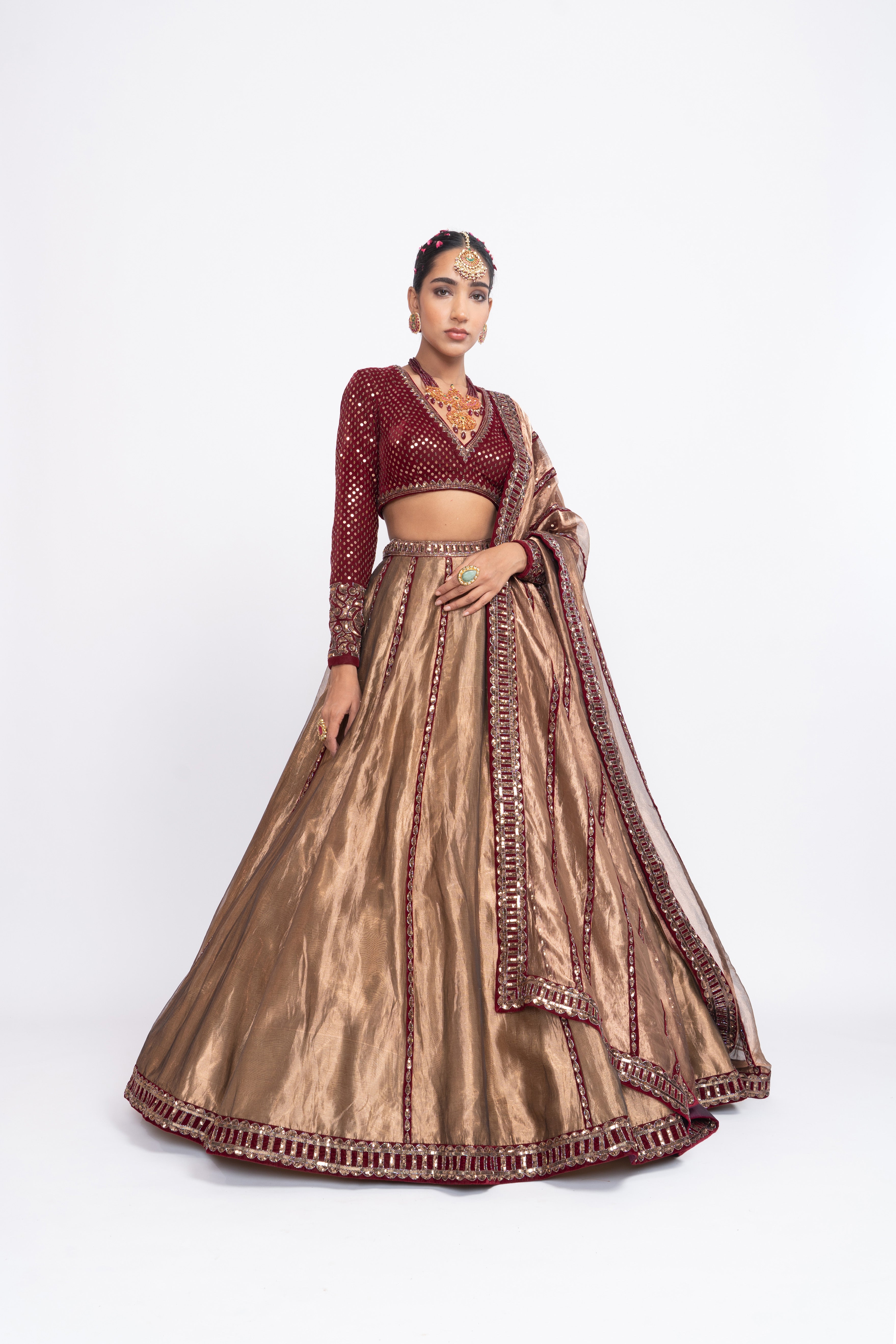 Vvani Vats - Maroon Copper Tissue Lehnga Set