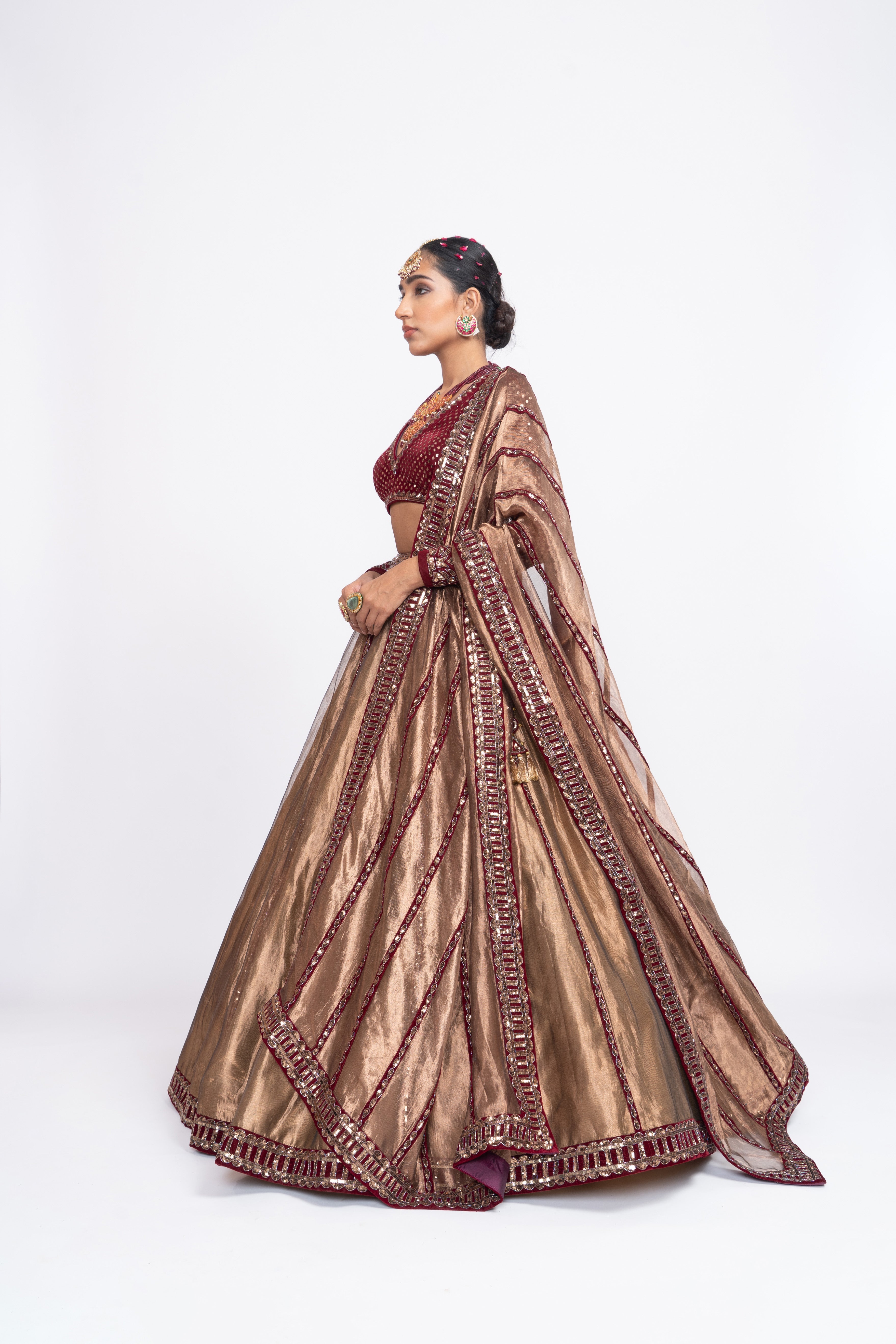 Vvani Vats - Maroon Copper Tissue Lehnga Set