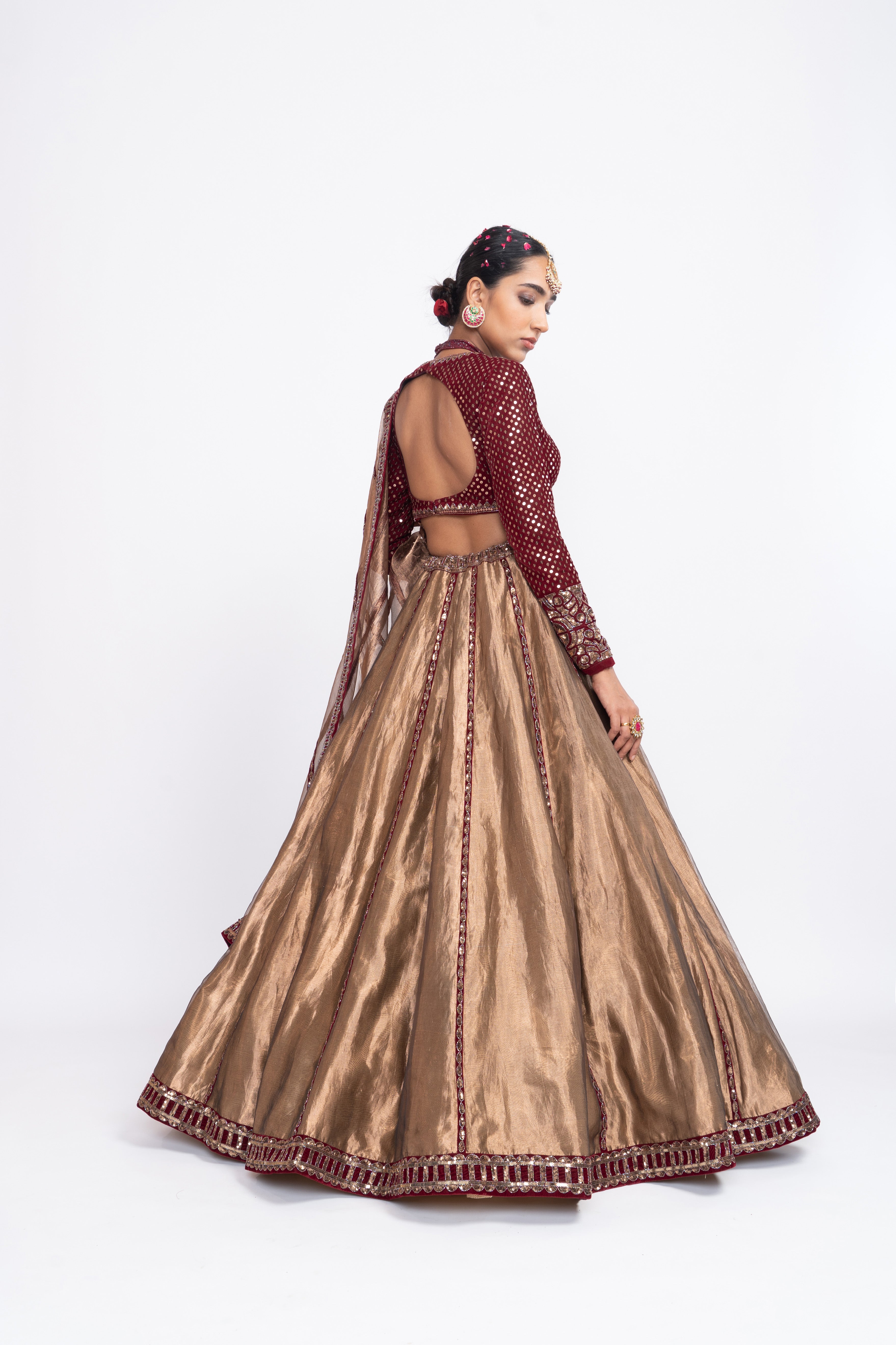 Vvani Vats - Maroon Copper Tissue Lehnga Set
