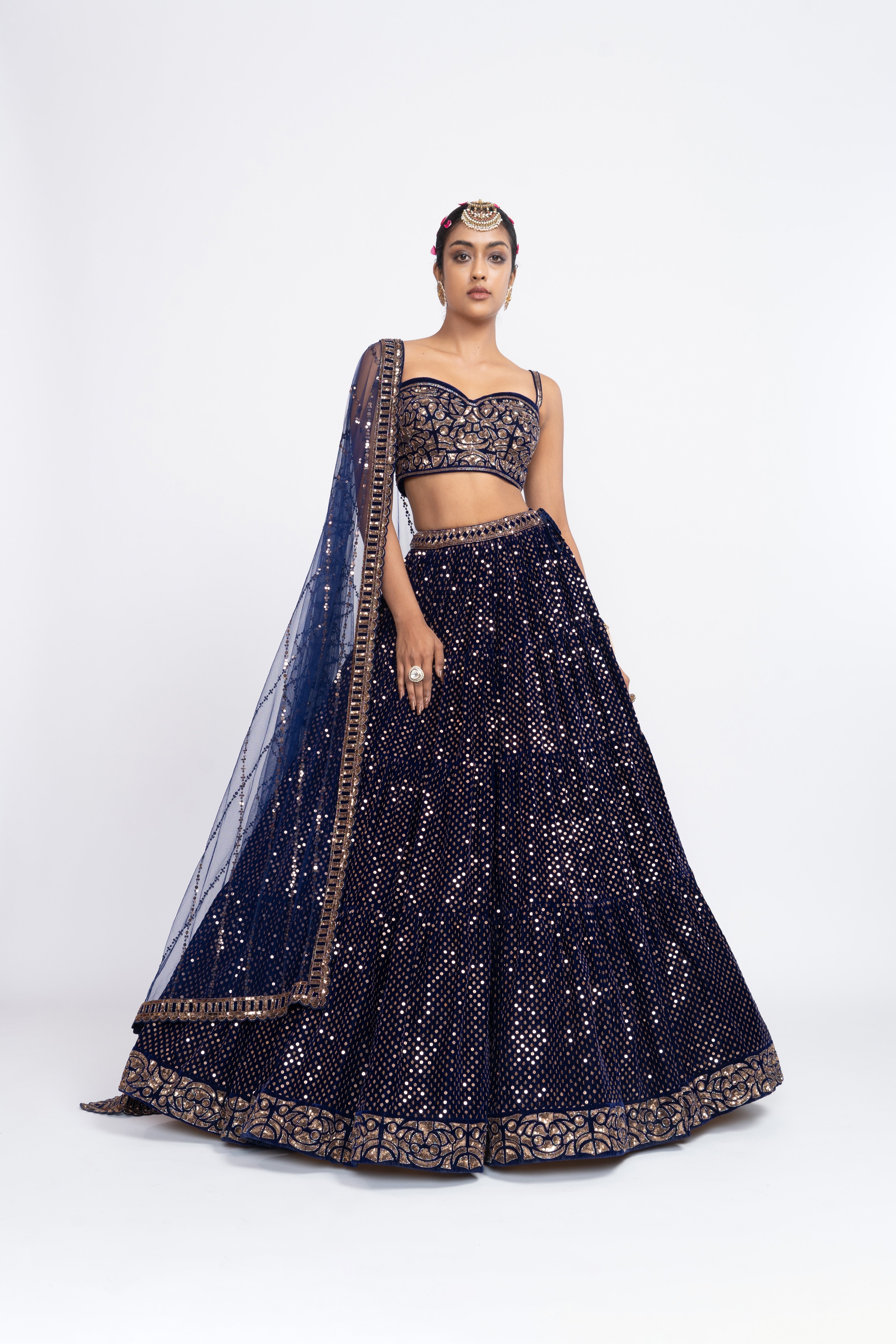Vvani Vats - Navy Blue Dense Dot Corset Lehenga Set