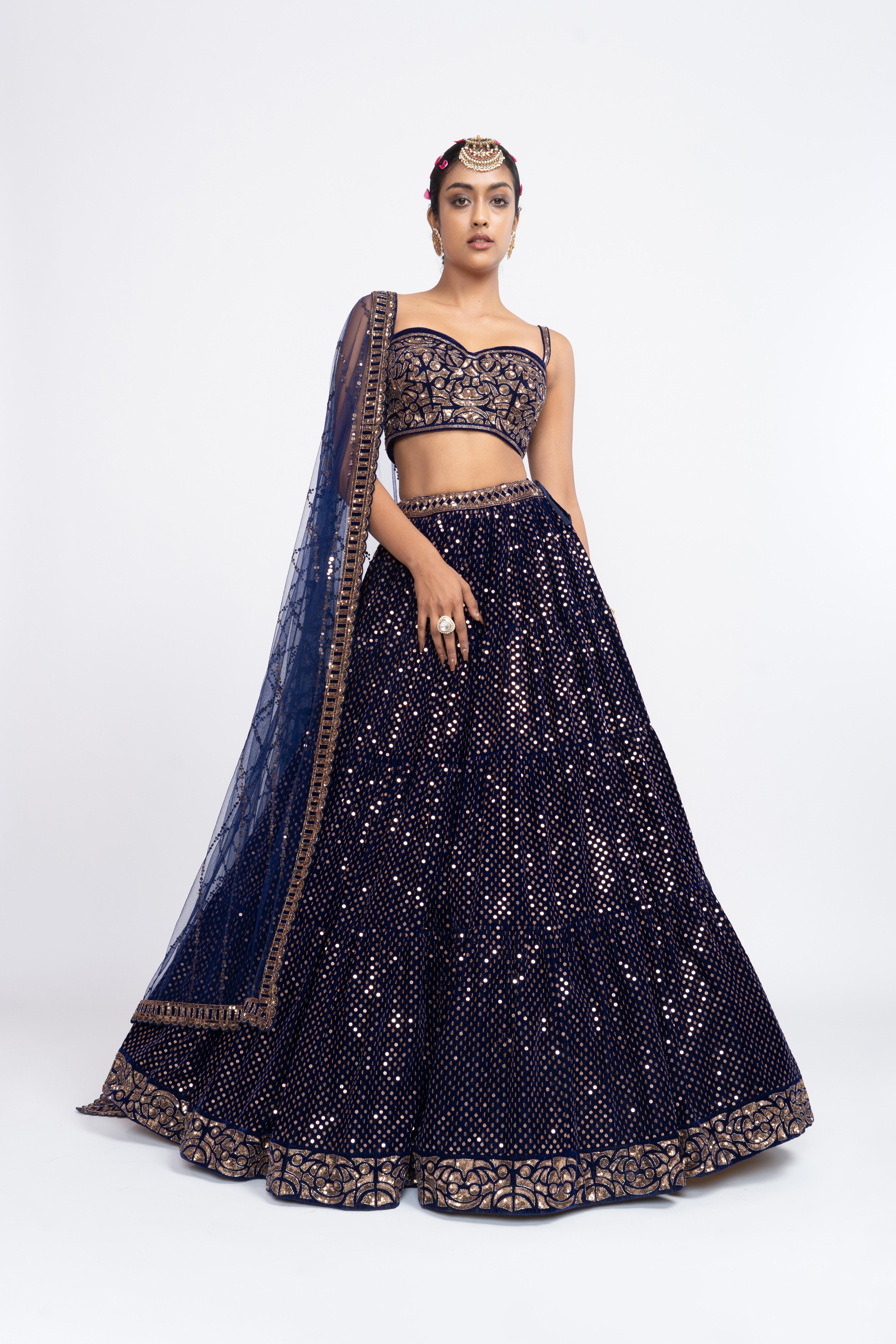 Vvani Vats - Navy Blue Dense Dot Corset Lehenga Set