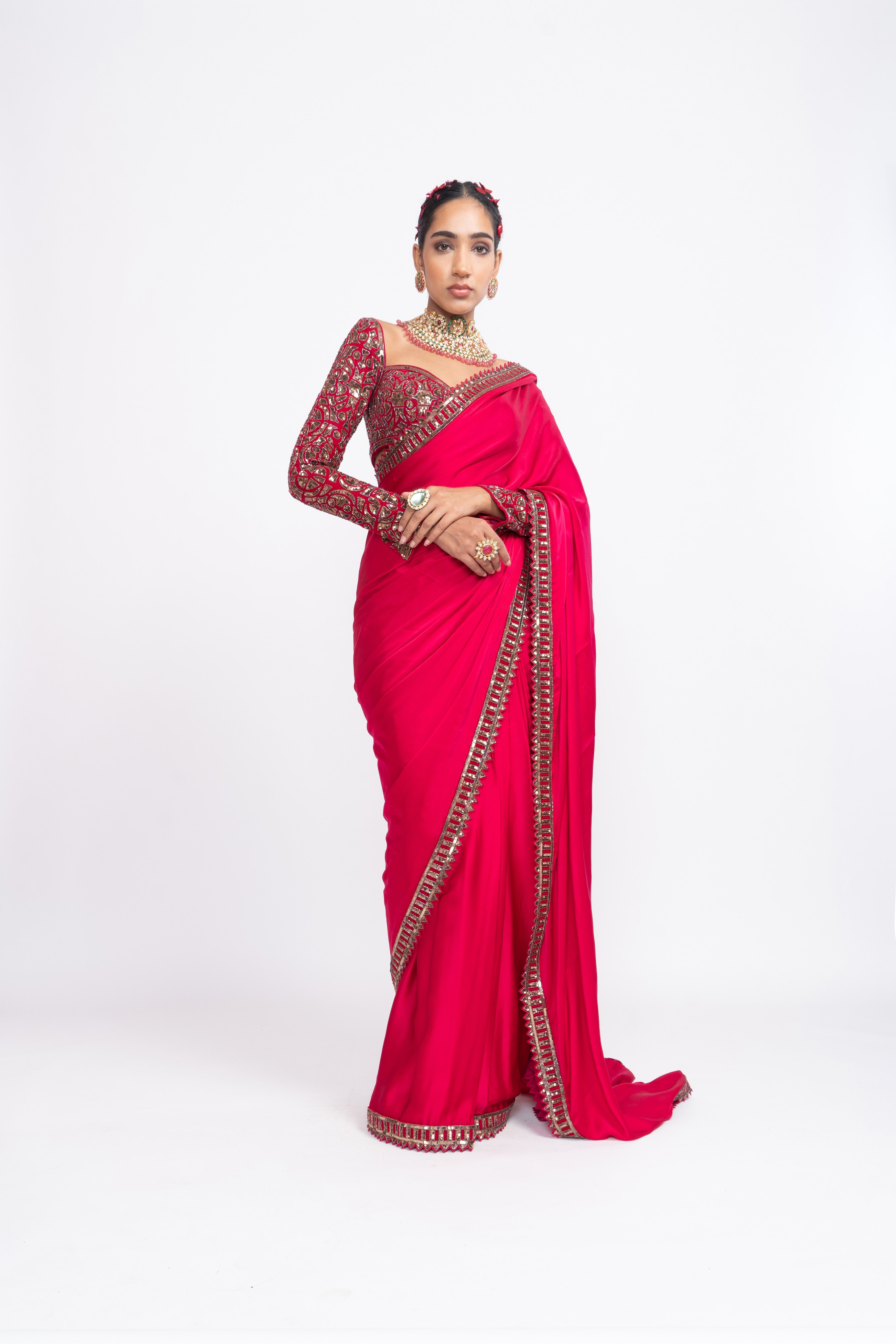 Vvani Vats - Red Satin Saree Set