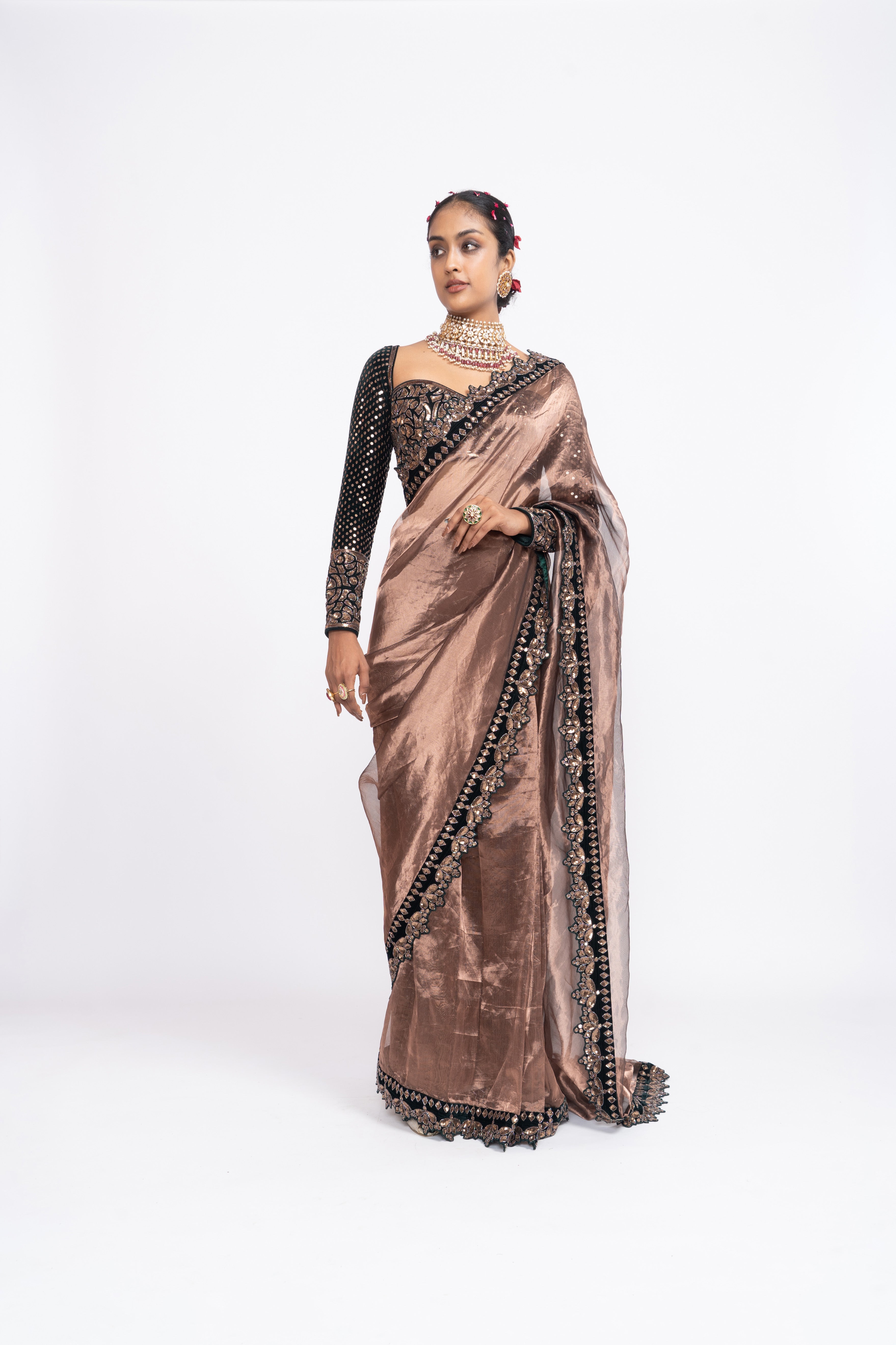 Vvani Vats - Deep Green Copper Tissue Saree Set