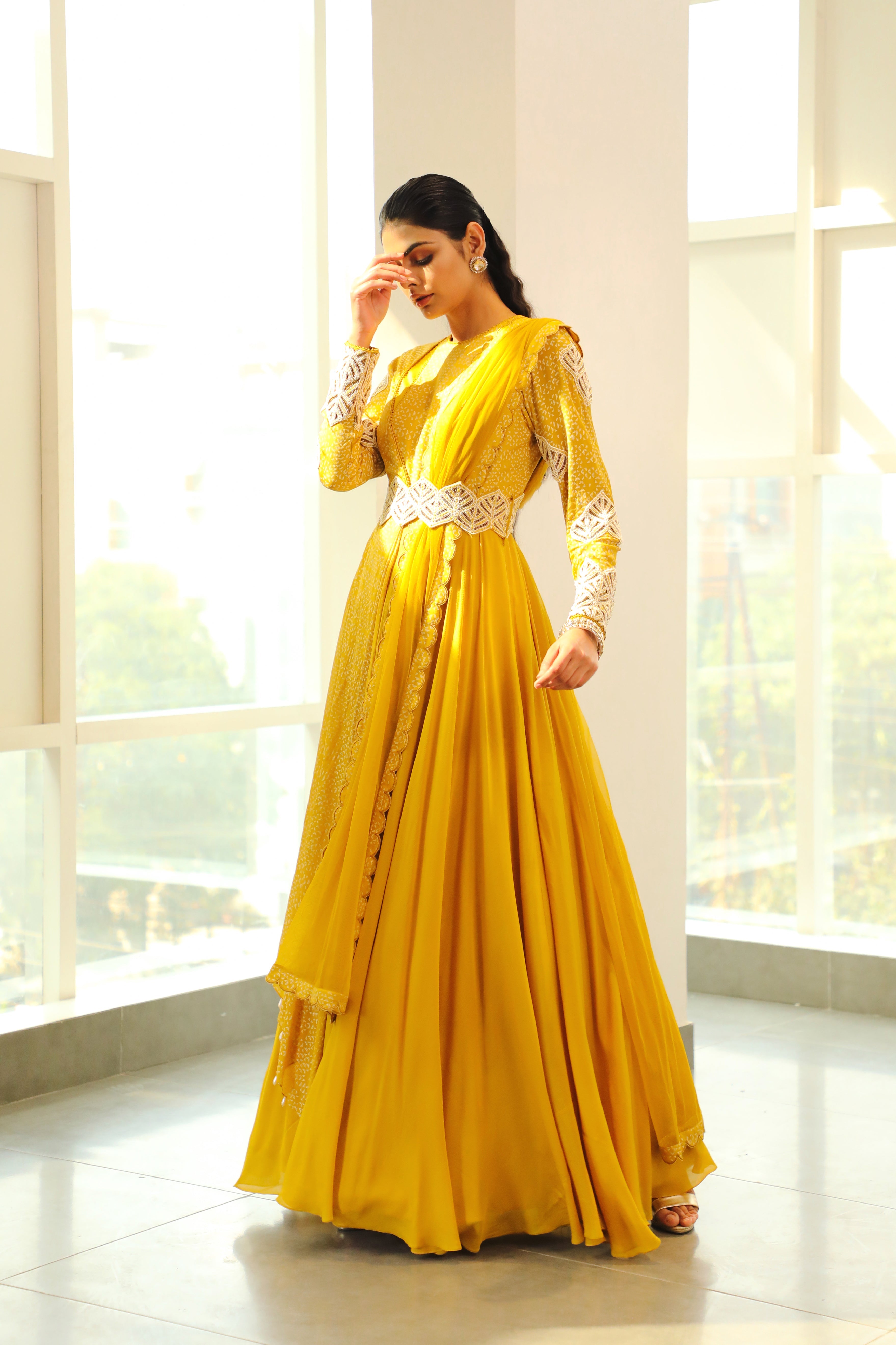 Vidushi Gupta - Dyuti - Canary Yellow Hand Embroidered Anarkali Set