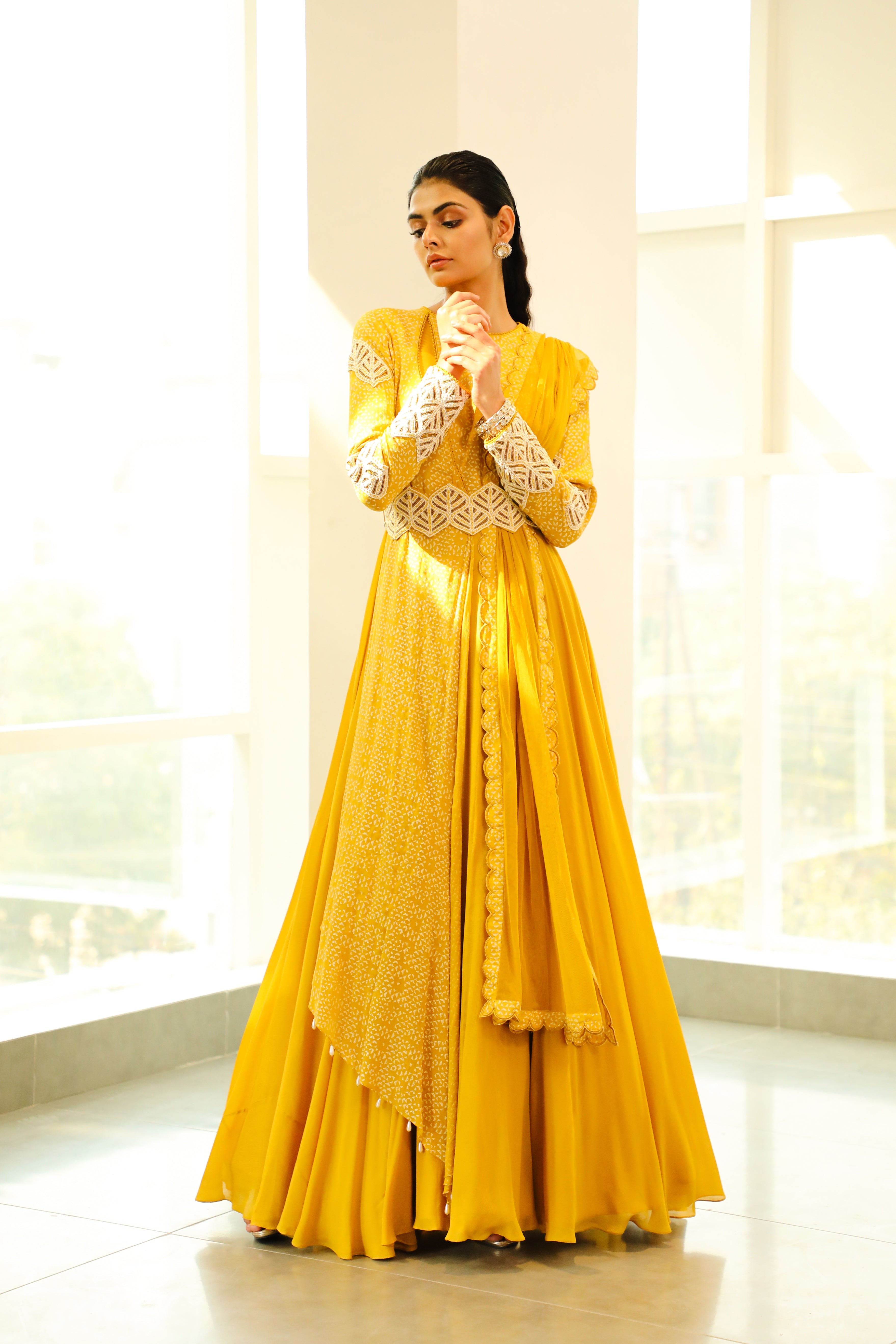 Vidushi Gupta - Dyuti - Canary Yellow Hand Embroidered Anarkali Set