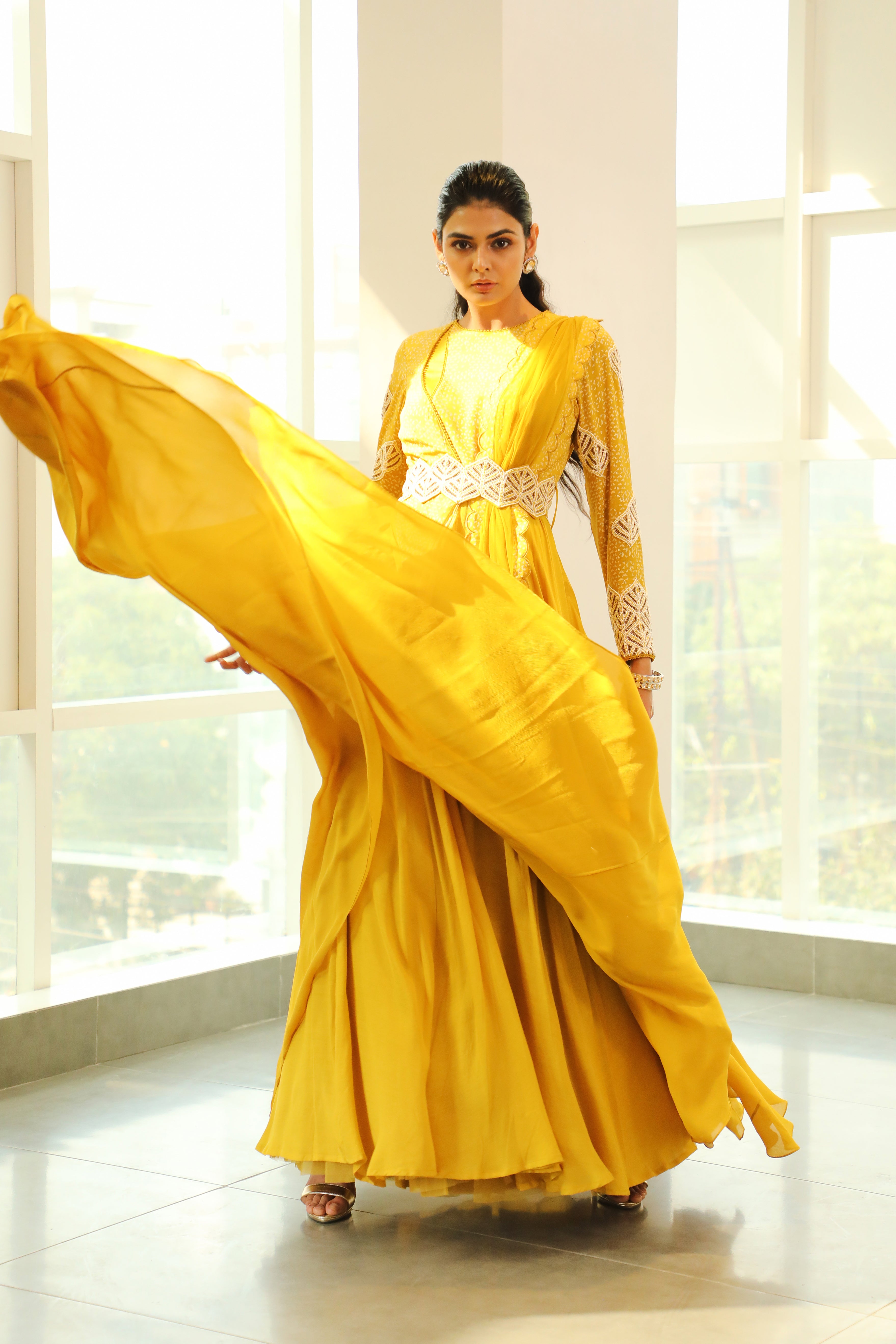 Vidushi Gupta - Dyuti - Canary Yellow Hand Embroidered Anarkali Set