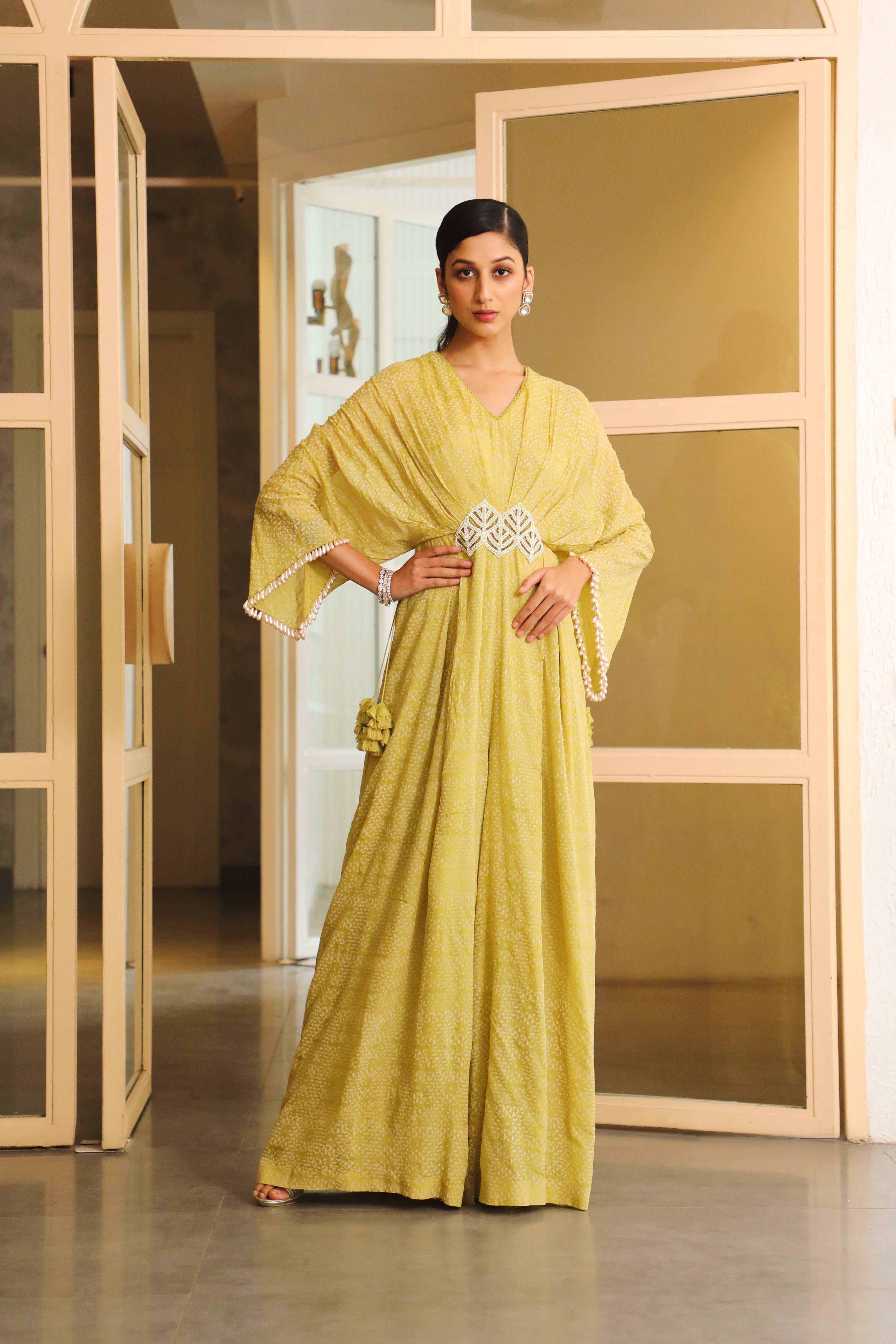 Vidushi Gupta - Hezal - Lime Green Chiffon Printed Jumpsuit With Belt