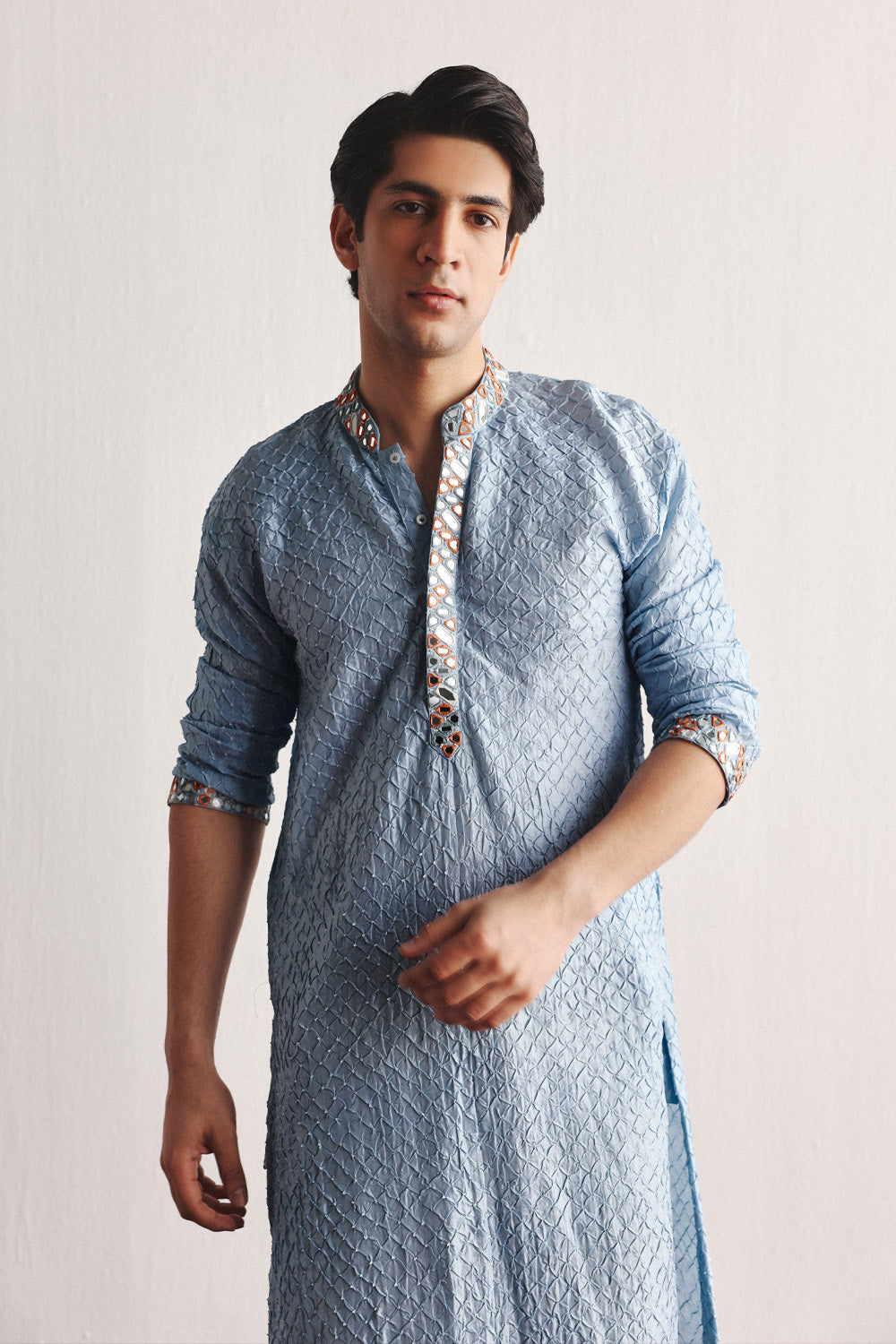 Powder Blue Bandhani Kurta With Mirrorwork