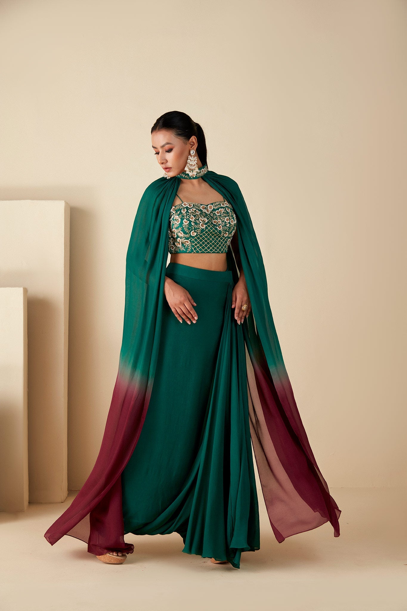 Green drape skirt  & Cape Set