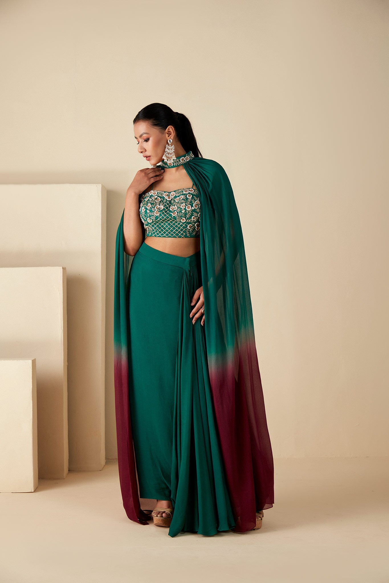 Green drape skirt  & Cape Set