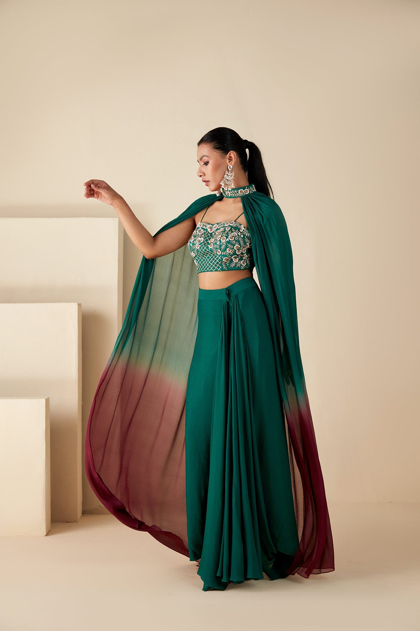 Green drape skirt  & Cape Set