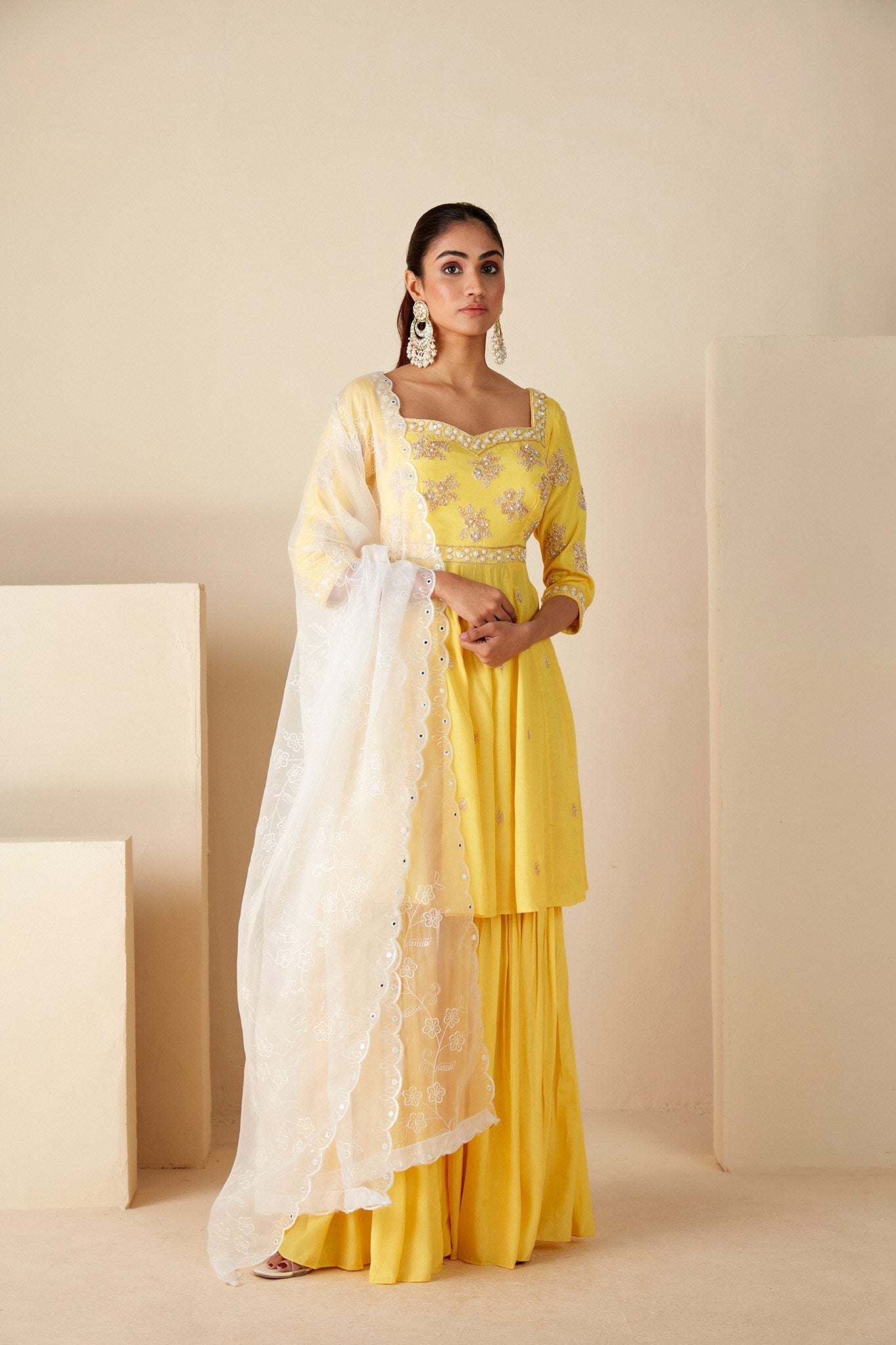 Yellow and Off white Sharara Suit